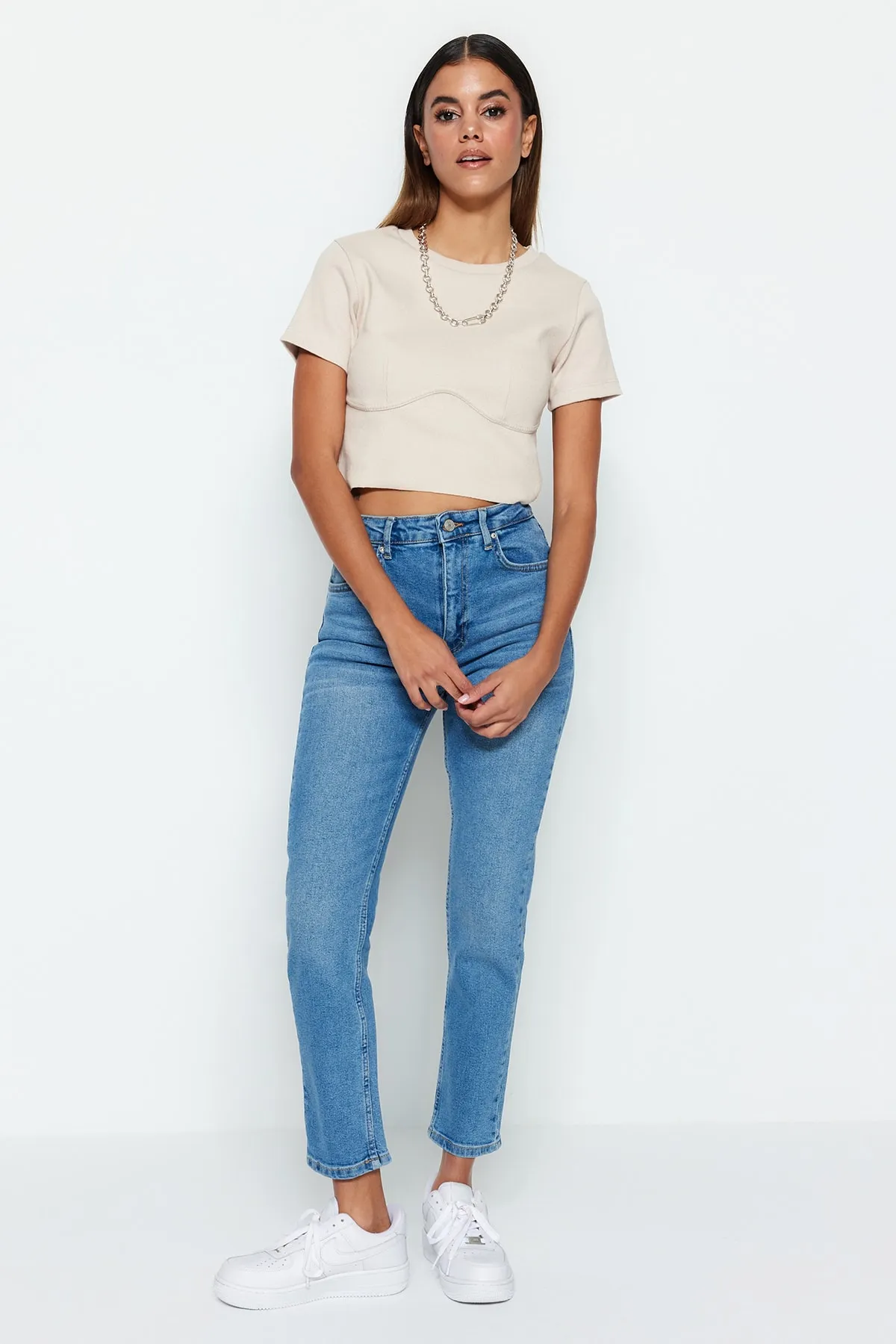 Trendyol Collection  Blaue Slim Fit-Jeans mit hoher Taille TWOAW22JE0787