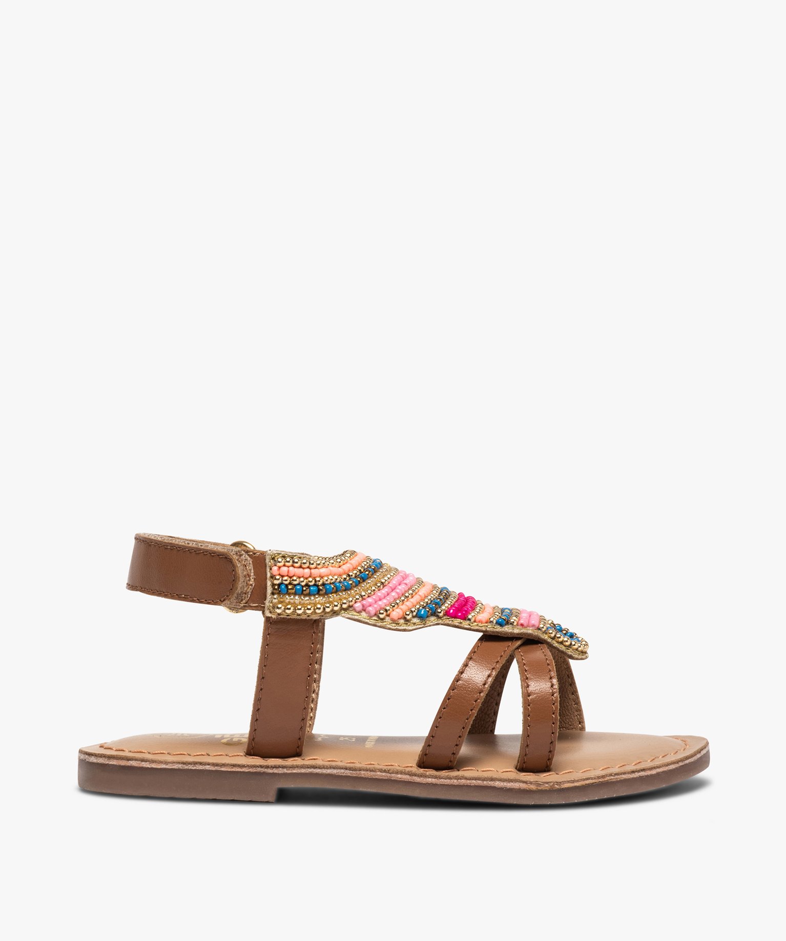 Sandales fille ornées de perles et fermeture scratch camel | GEMO