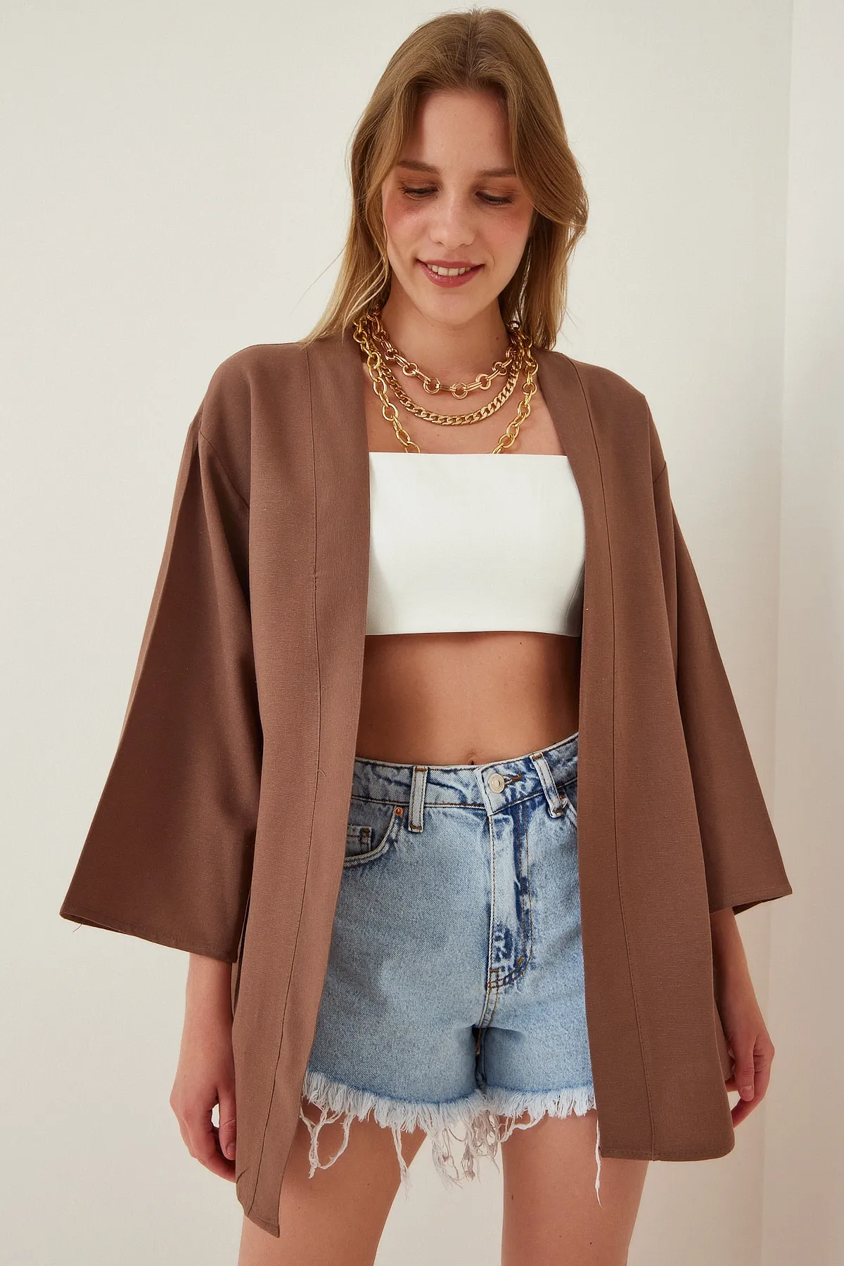 Happiness İstanbul  Lässiger Kimono aus Leinen und Viskose für Damen, braun, BH00388