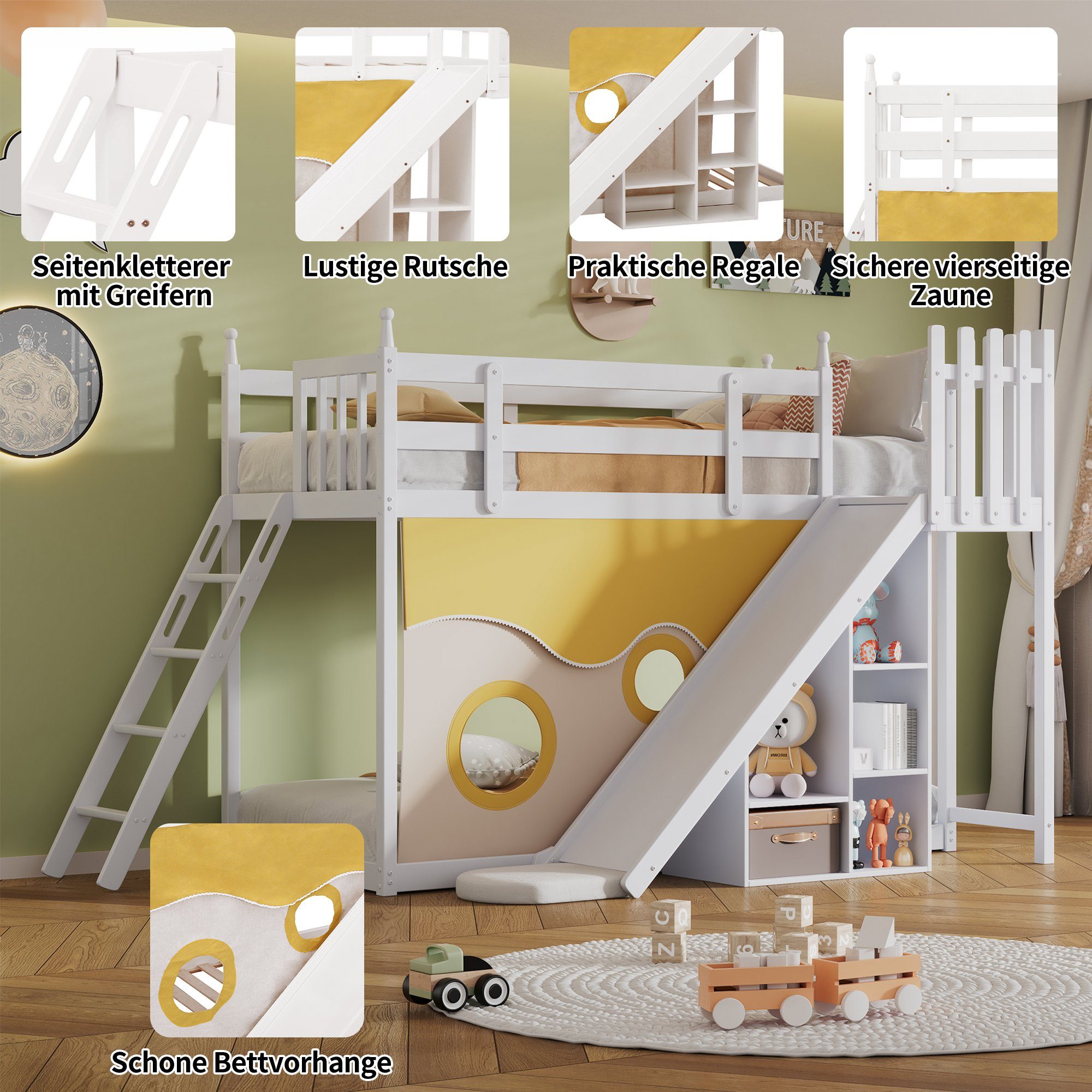 OKWISH Bett Kinderbett, Etagenbett, Holzbett mit Treppe und Zäune (mit Bettvorhang, Rutsche und Regal, mit Fallschutz und Gitter, Rahmen aus Kiefer, 90x200cm), Ohne Matratze