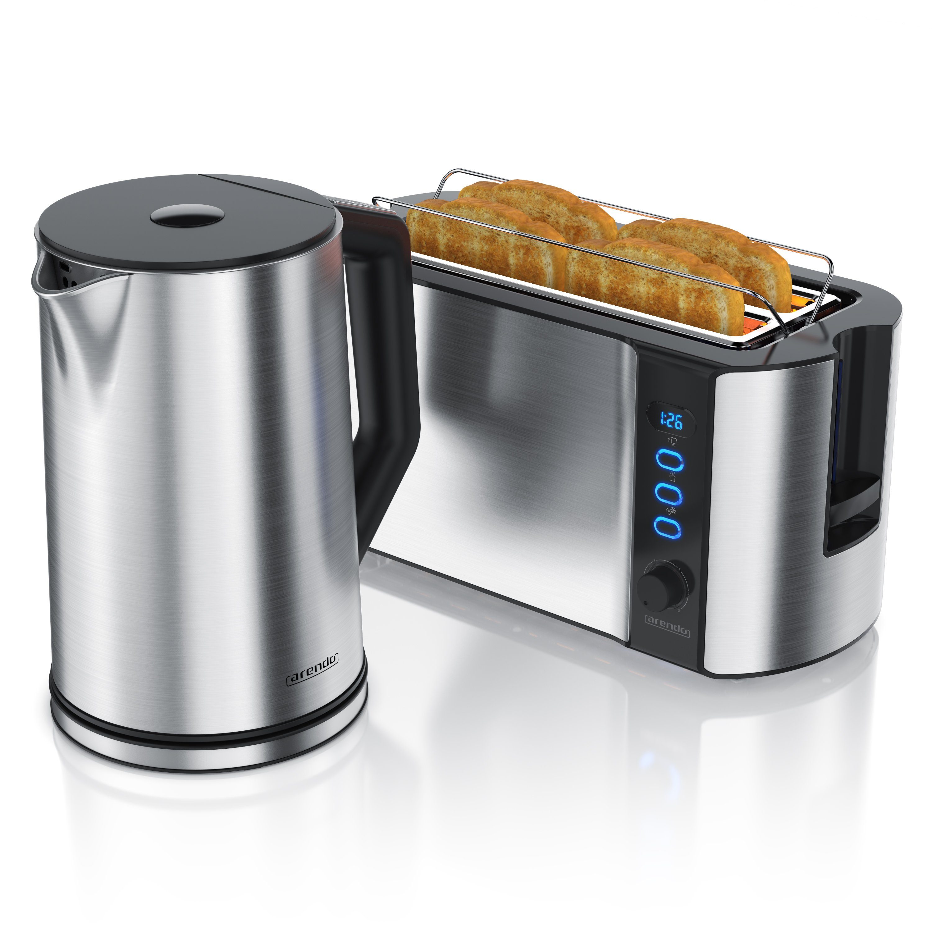 Arendo Frühstücks-Set (2-tlg), Edelstahl Wasserkocher 1,5l, 4-Scheiben Langschlitz Toaster, Silber