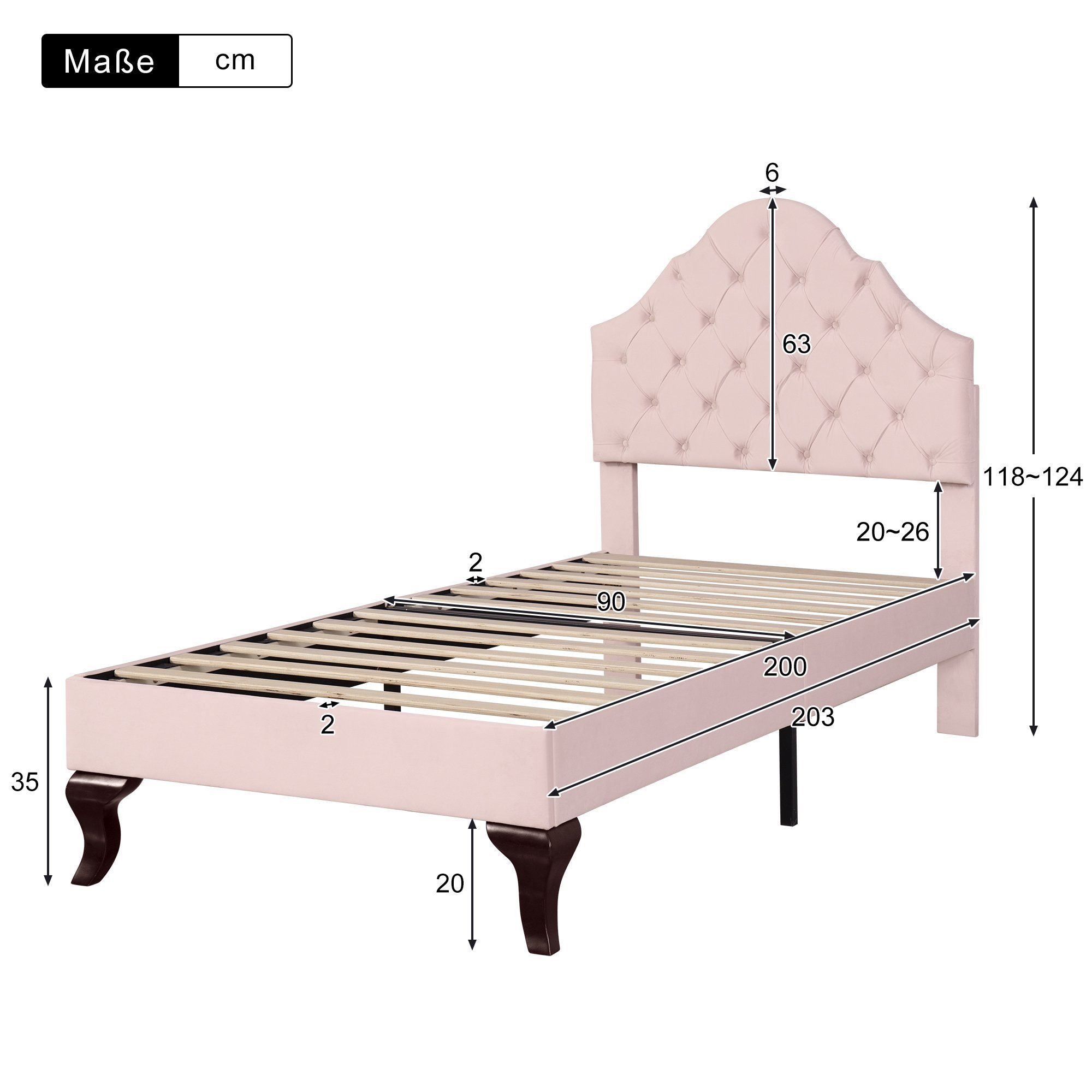 Odikalo Polsterbett Lattenrost höhenverstellbar Kopfteil Lattenrost 90/140x200 rosa/beige