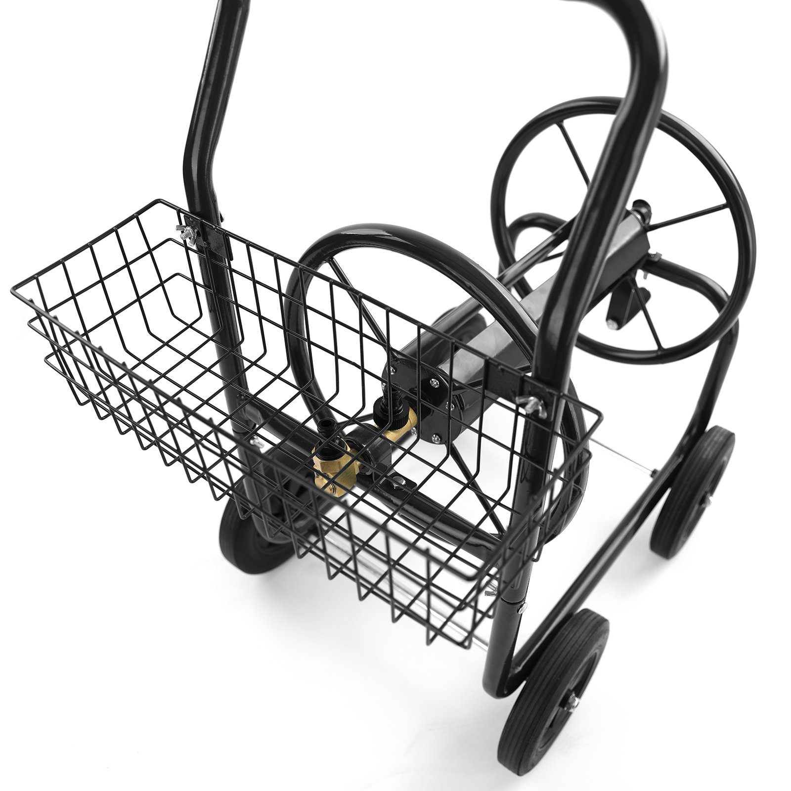 RAMROXX Schlauchwagen Schlauch Handwagen Schwarz mit Ablagekorb bis 60m Gartenschlauch