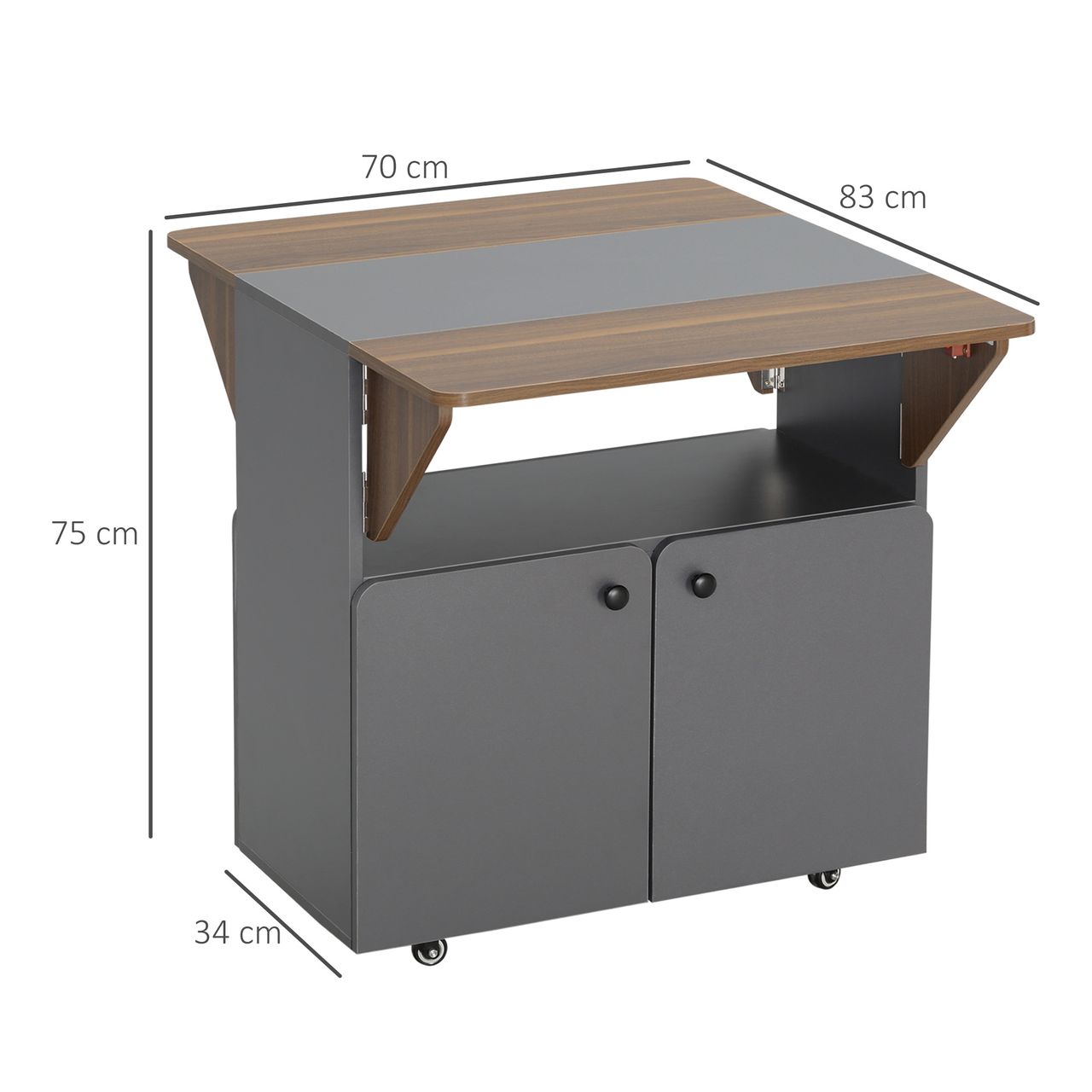 HOMCOM Esstisch Klapptisch mit Rollen Küchentisch mit zwei klappbare Tischseiten Esszimmertisch Sideboard mit Stauraum für Wohnzimmer Küche Spanplatte Hellgrau Dunkelbraun 70 x 83 x 75 cm