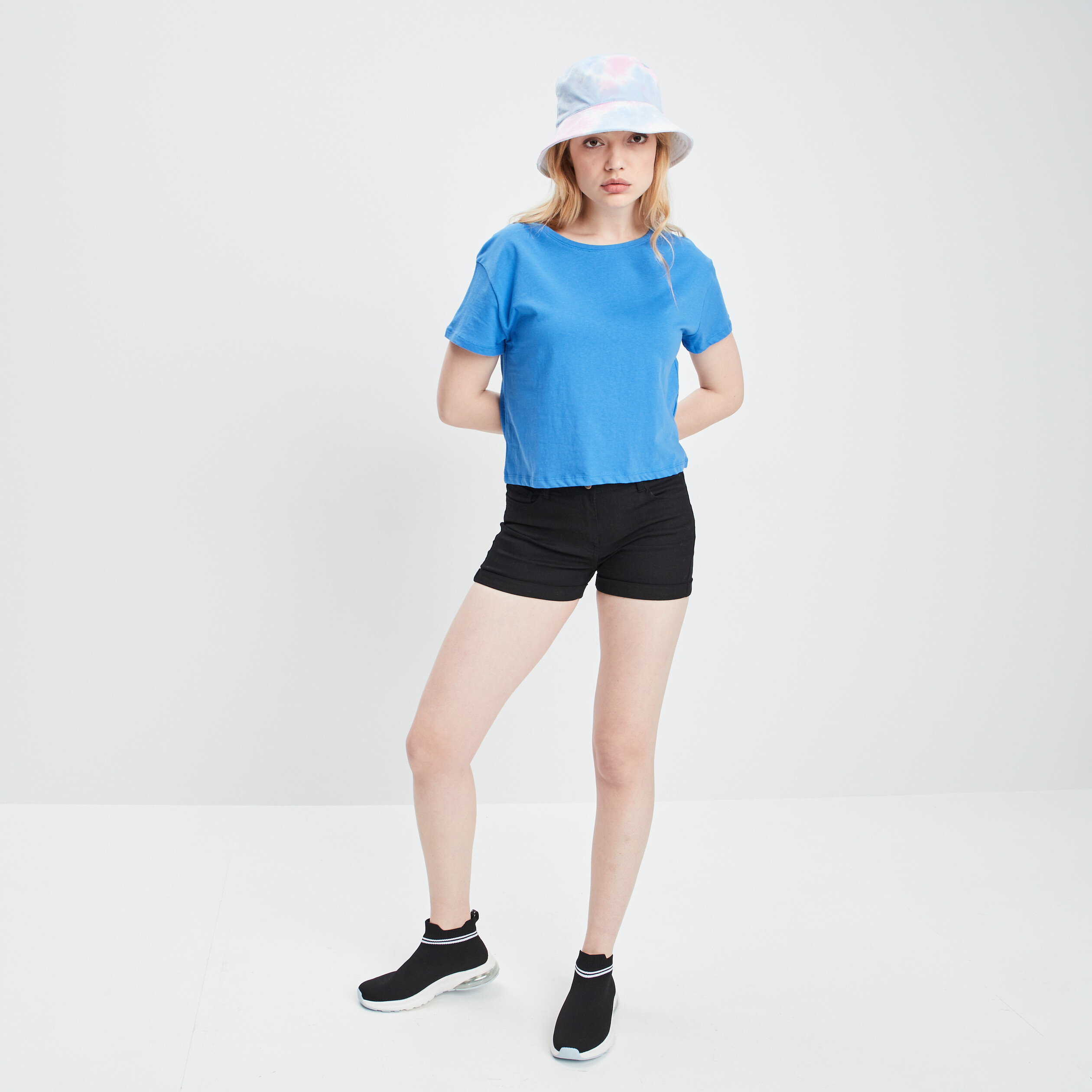 T-shirt cropped col rond bleu electrique femme | La Halle