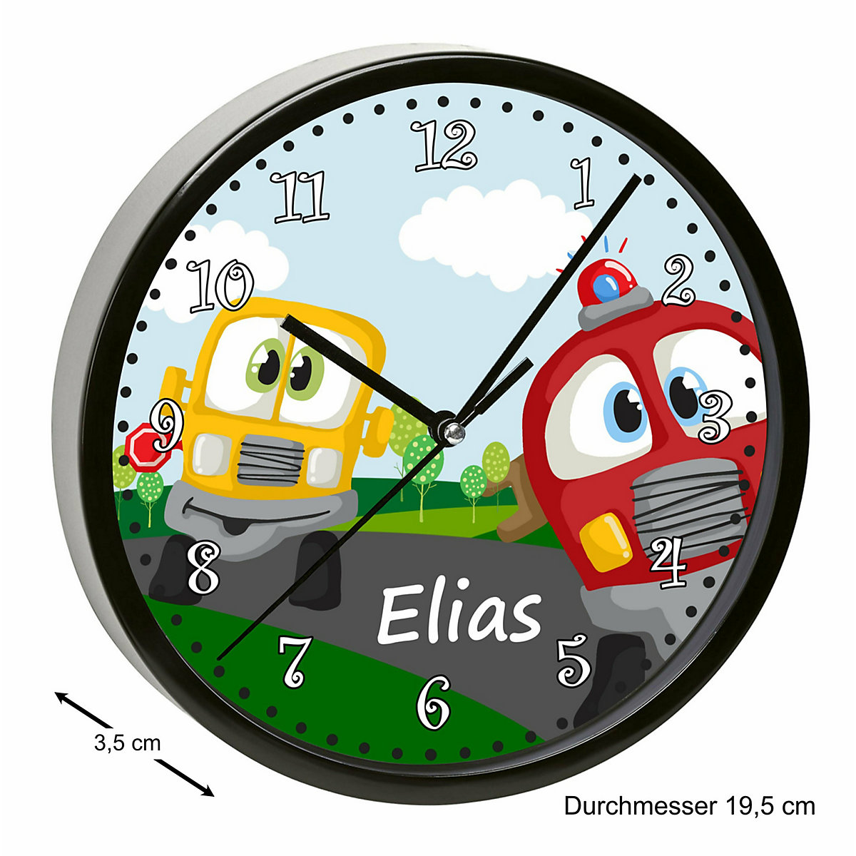 Kinder Wanduhr personalisiert mit Name Auto-Cartoon