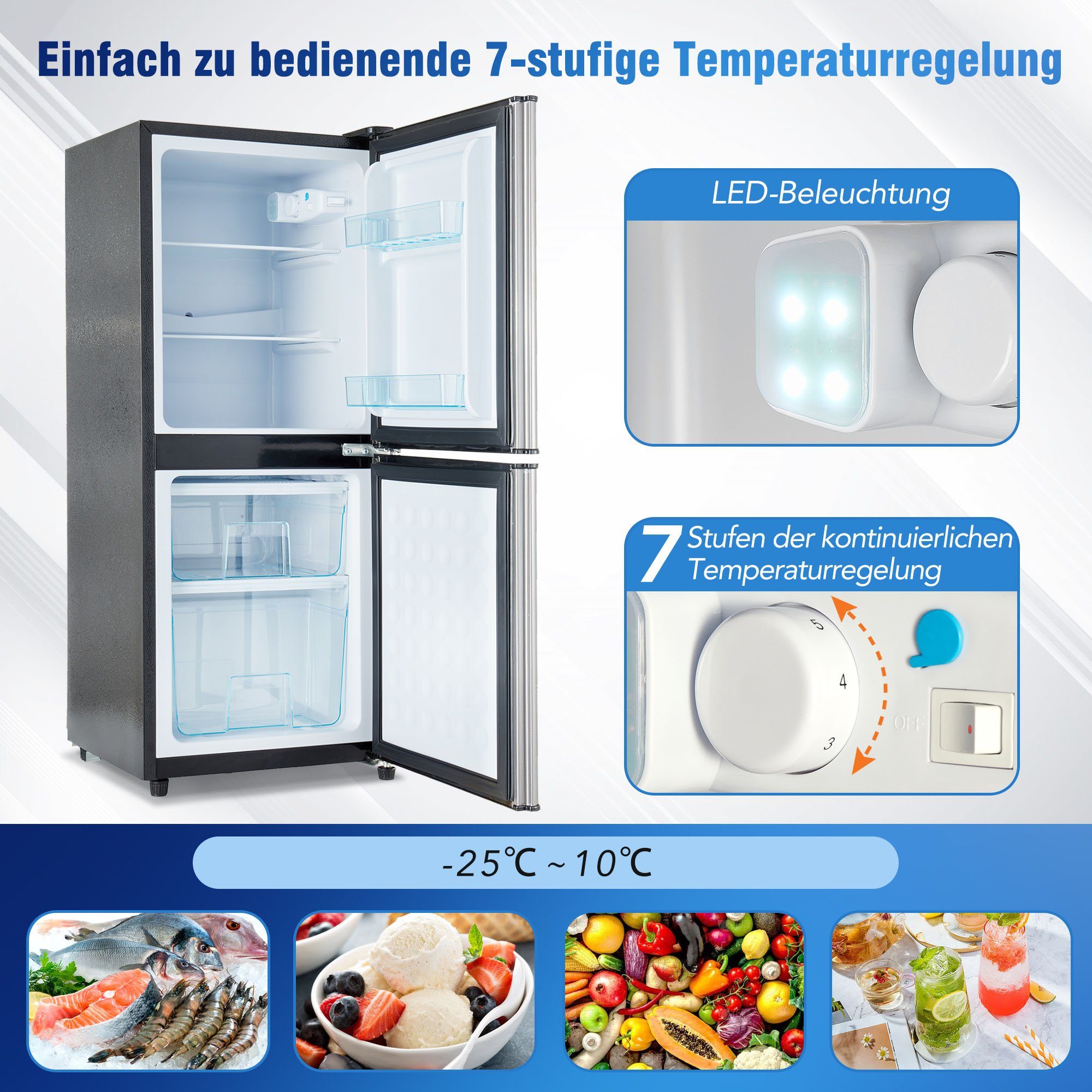 Merax Kühlschrank Kühl-/Gefrierkombination BCD-106W, 101.8 cm hoch, 42.5 cm breit, 106 Liter, LED-Beleuchtung, verstellebare Ablage und Füße