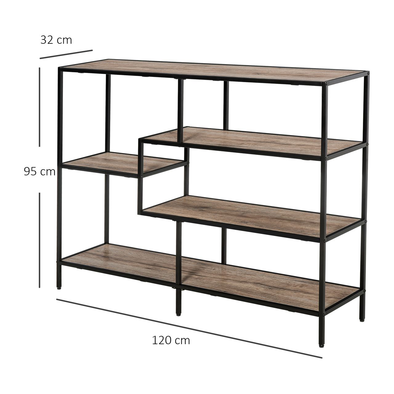 HOMCOM Standregal, Bücherregal Lagerregal Industrieller Stil, Aktenregal, Küchenregal, P2 Spanplatte, Metall, Schwarz helle Eiche, 120 x 32 x 95 cm
