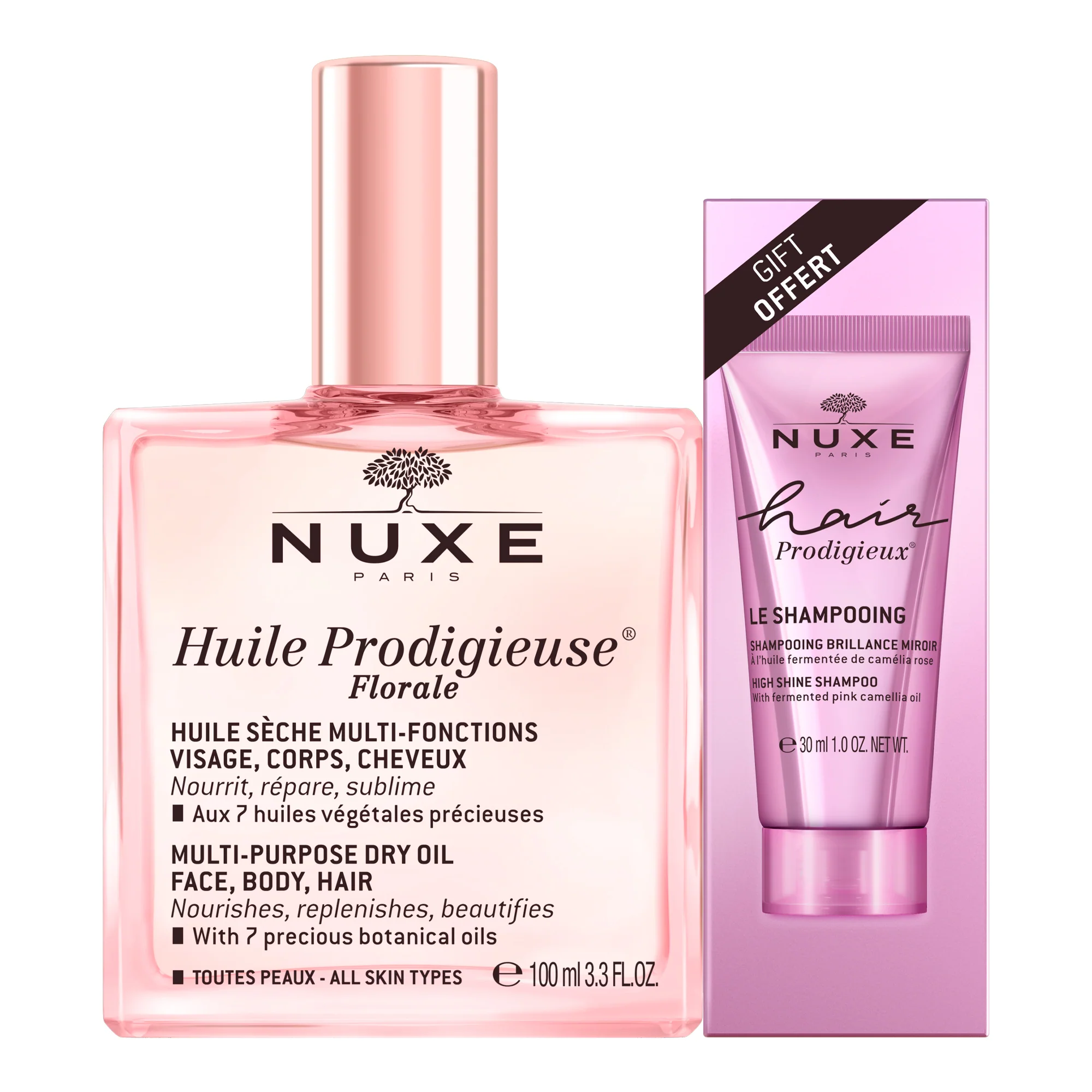 Huile Prodigieuse Huile Prodigieuse Florale med gratis hår Prodigieux Shampoo - Nærende ansiktsolje, kroppsolje, hårolje, elastiserende anti-strekkmerkolje