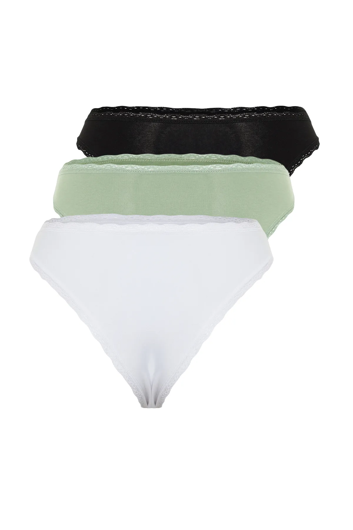 Trendyol Collection  3-teiliges brasilianisches Strickhöschen aus Baumwollspitze in Schwarz-Weiß-Mint THMSS24KU00019