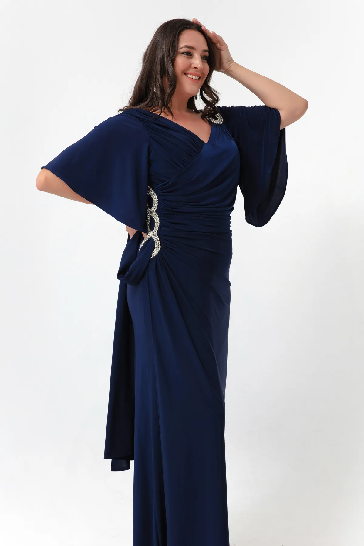 Lafaba  Damen-Abendkleid in Marineblau mit kurzen Ärmeln und Schlitz in Übergröße
