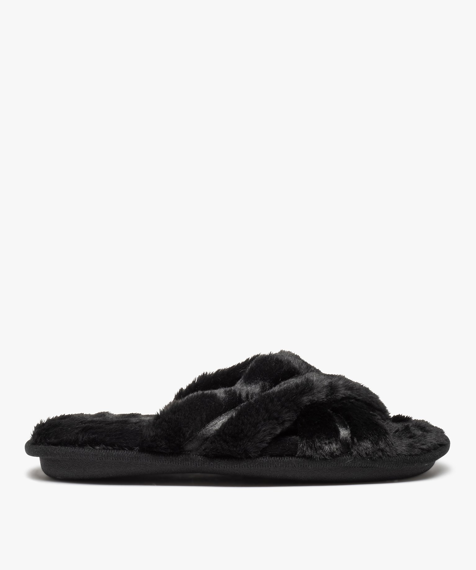 Chaussons femme mules ouvertes en fourrure imitation noir | GEMO