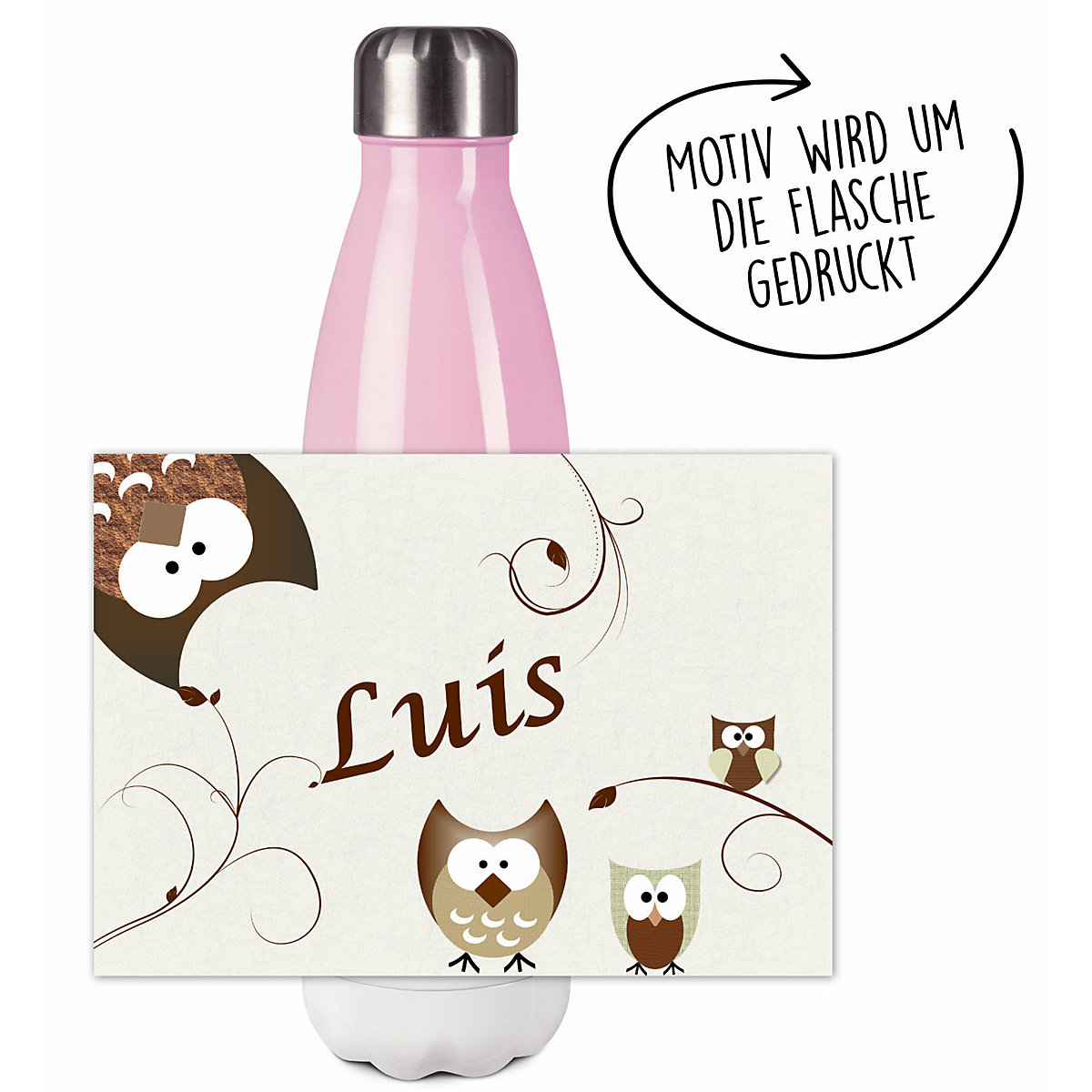 Edelstahl Kinder Thermoflasche / Trinkflasche bunt Eule Farbe beige Spülmaschinenfest, Auslaufsicher, Bruchfest, Doppelwandig, Für Heißgetränke geeignet, Mit Deckel, Isoliert