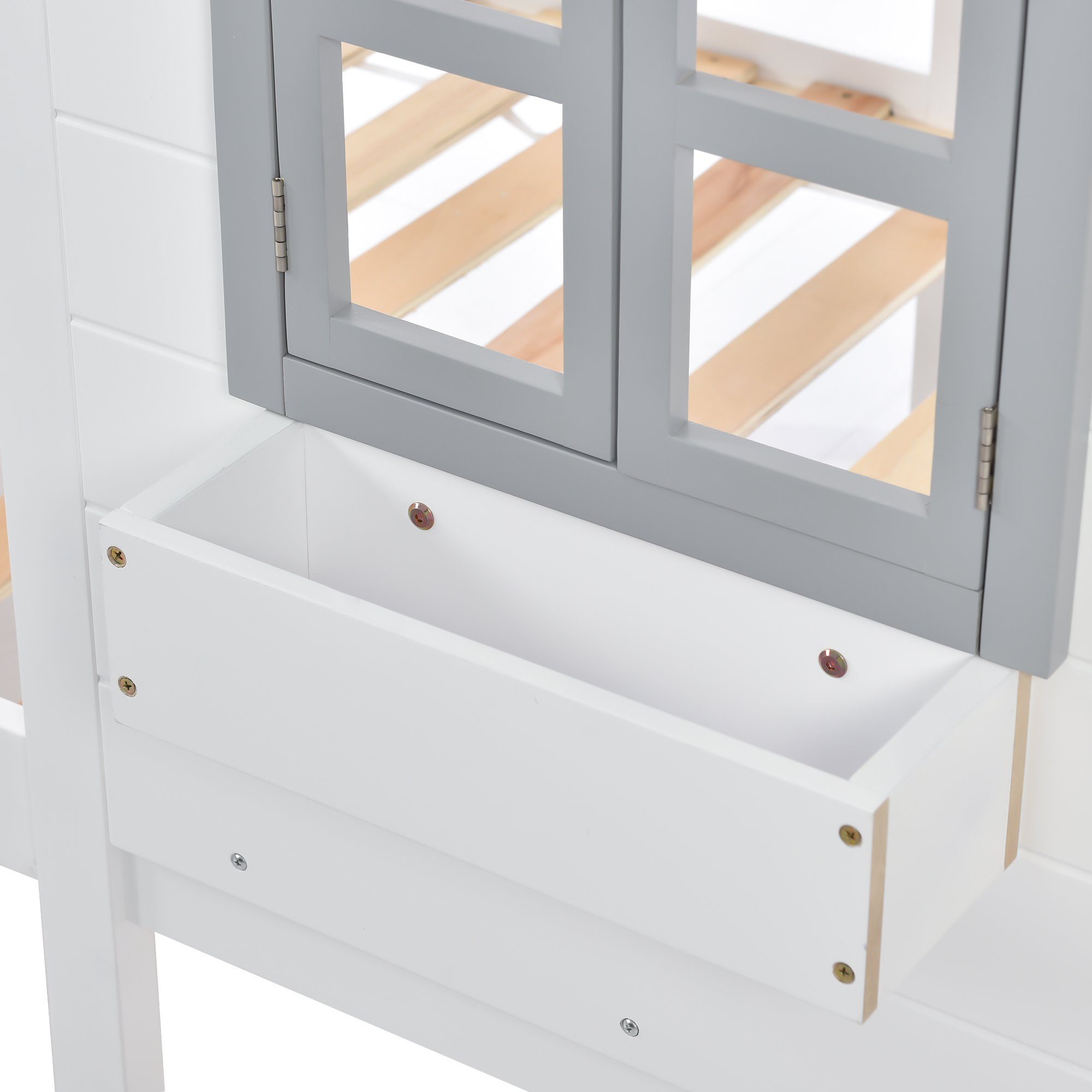 OKWISH Etagenbett Etagenbett mit Handlauf und Fenster, Bett, Kinderbett (Kinderbett mit Fallschutz und Gitter, Fallschutz und Gitter), Rahmen aus Kiefer,90x200cm