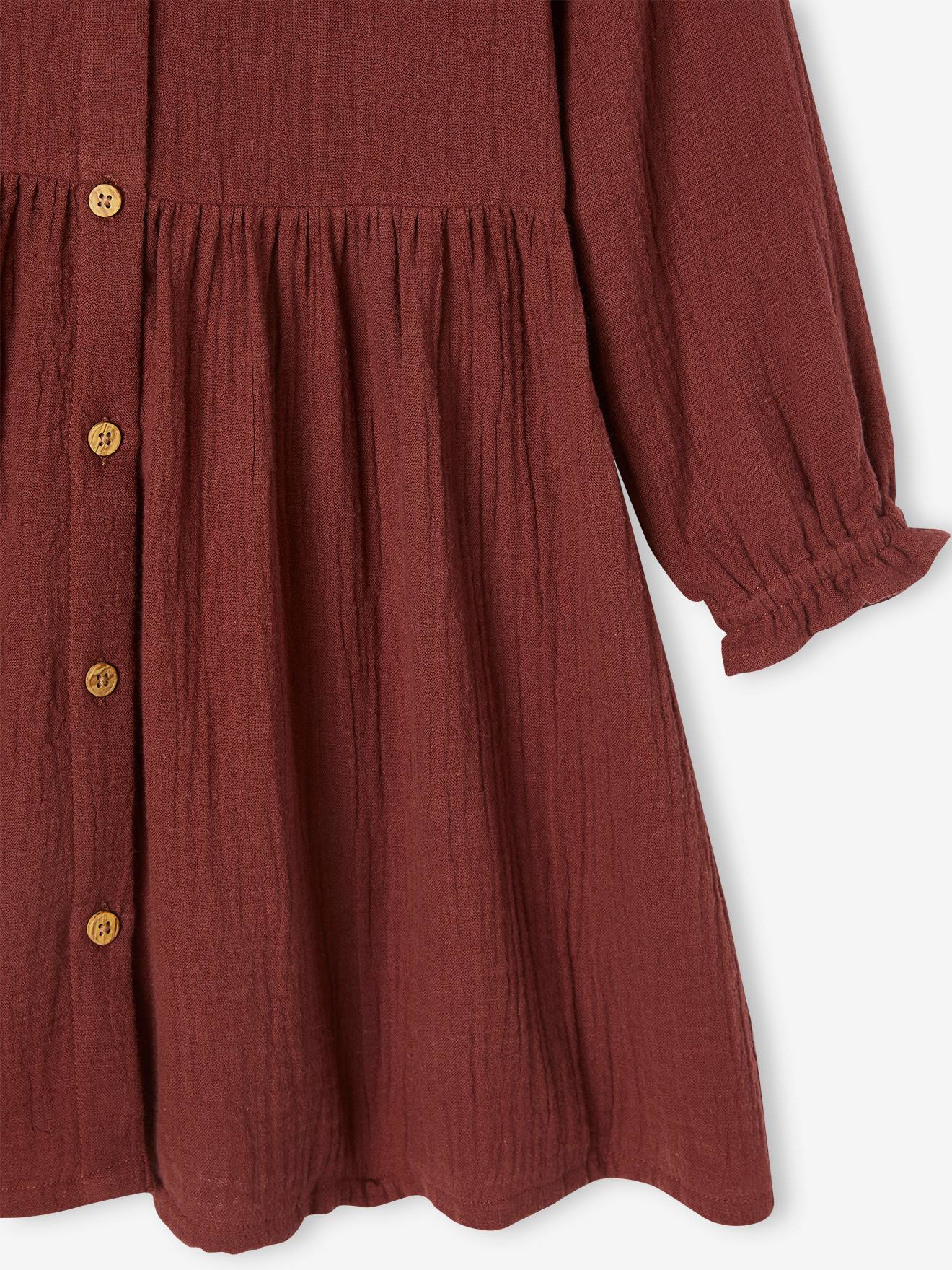 Robe à collerette en gaze de coton fille chocolat