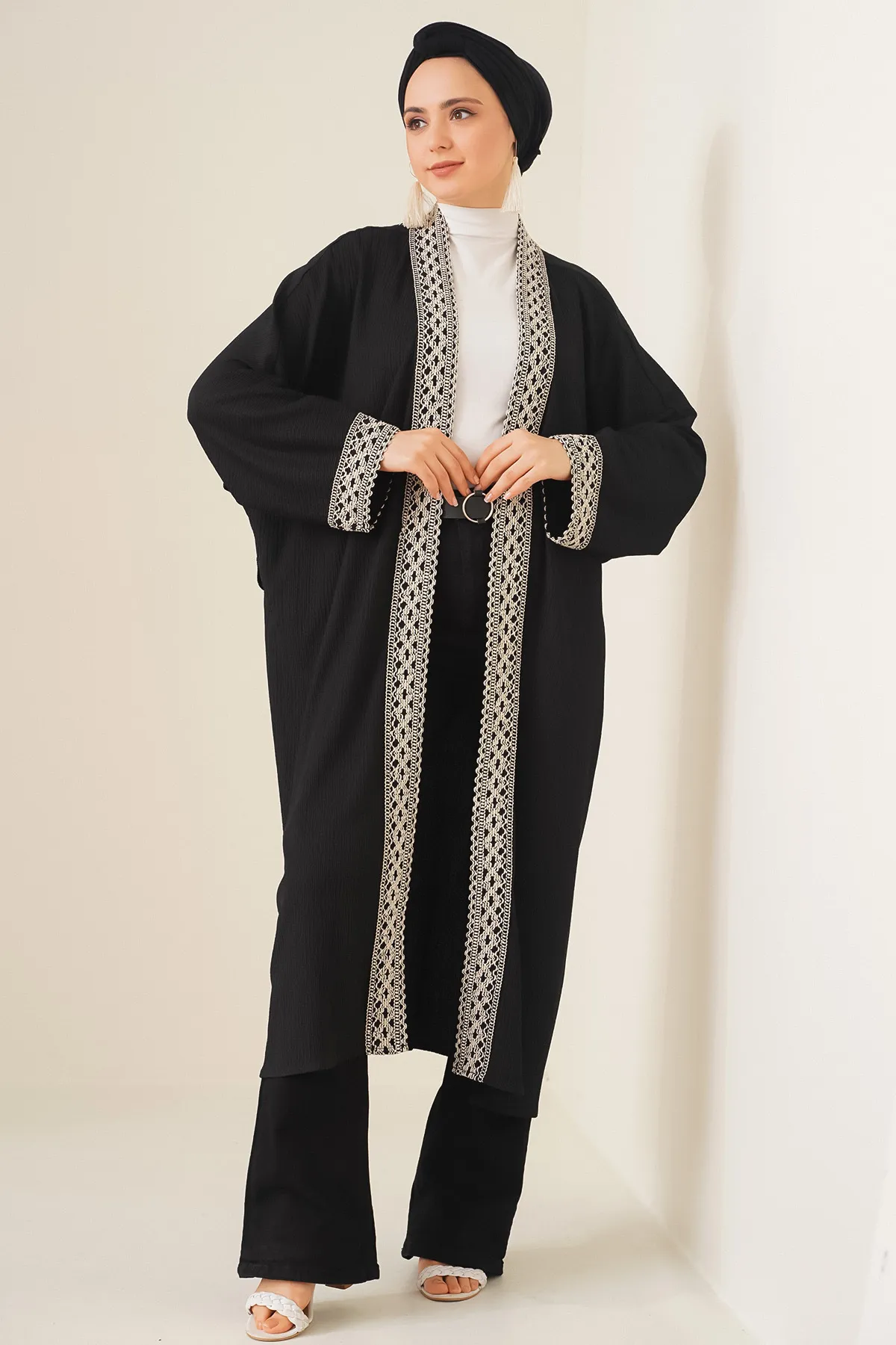 Bigdart  5865 Langer Kimono aus besticktem Strick – Schwarz