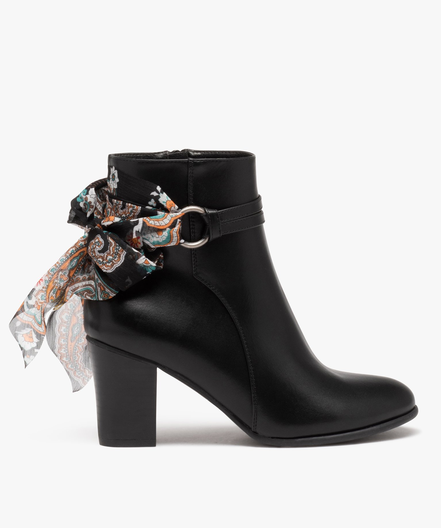 Boots femme à talon avec dessus uni et bride foulard noir | GEMO
