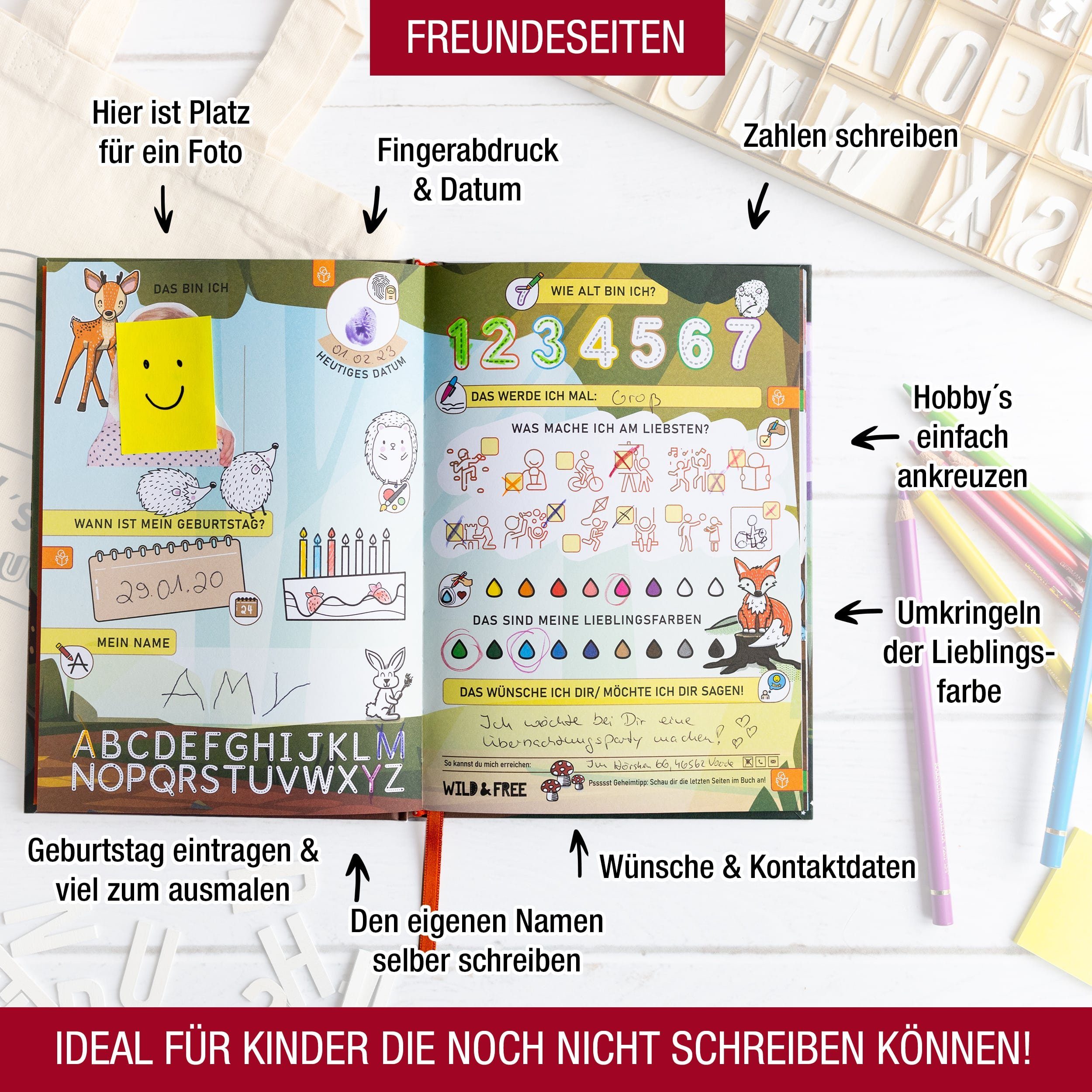 TOBJA Poesiealbum Freundebuch für Kindergarten & Krippe, Individuell gestaltbares Cover, Erinnerungen an Freundschaften