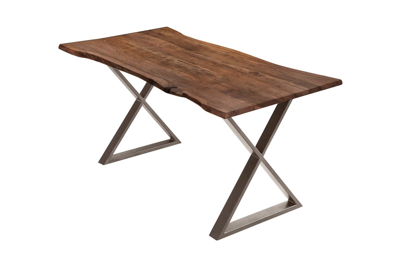 Junado® Baumkantentisch Kasimir, Akazienholz massiv, natur- oder nussbaumfarben, Tischstärke 26mm, bis 3 Meter Größe mit natürlicher Baumkante erhältlich, geschlossenes Metallgestell X-Form in schwarz oder edelstahlfarben