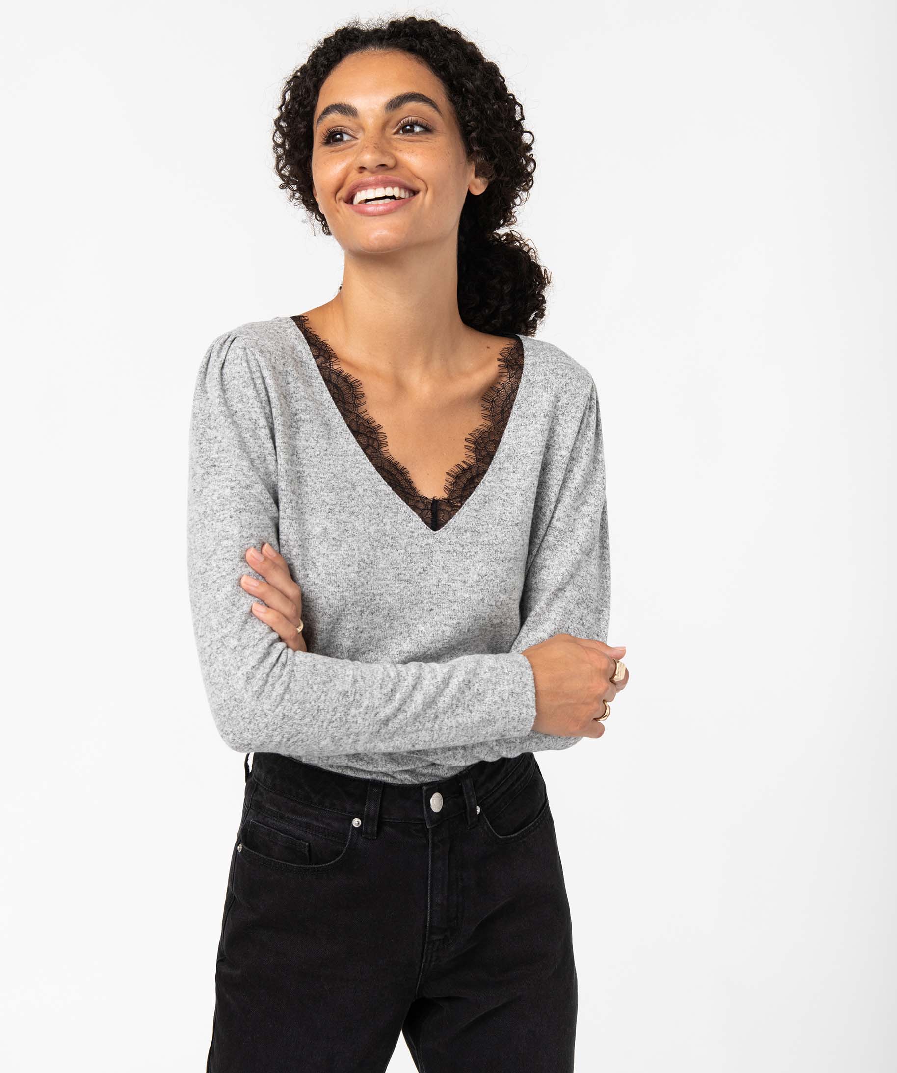 Tee-shirt femme à manches longues avec col V en dentelle co... gris clair | GEMO