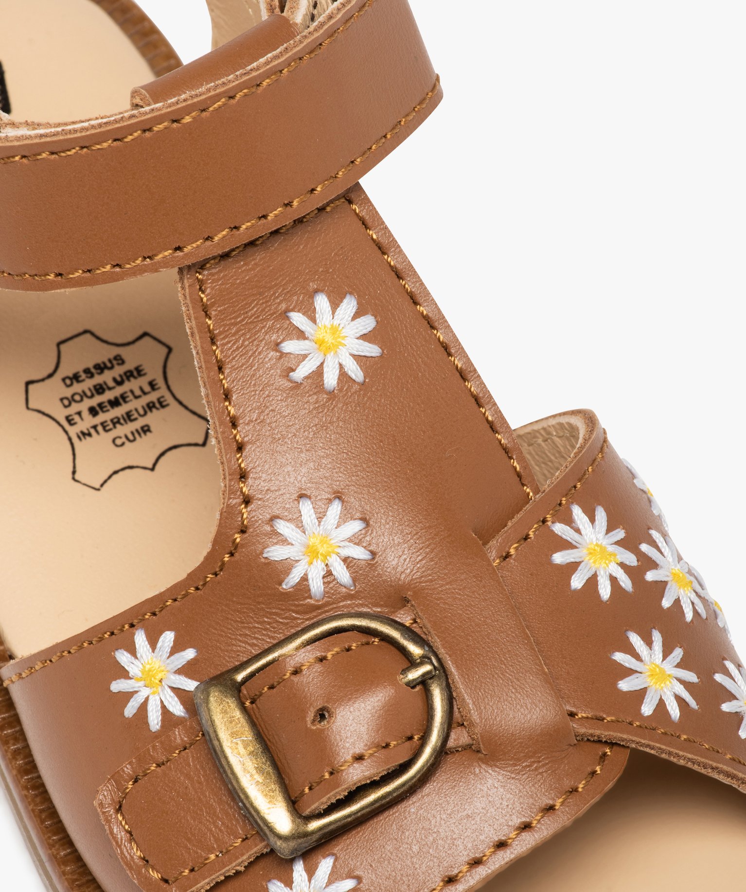 Sandales fille dessus cuir uni brodé fleurs – NA! camel | GEMO