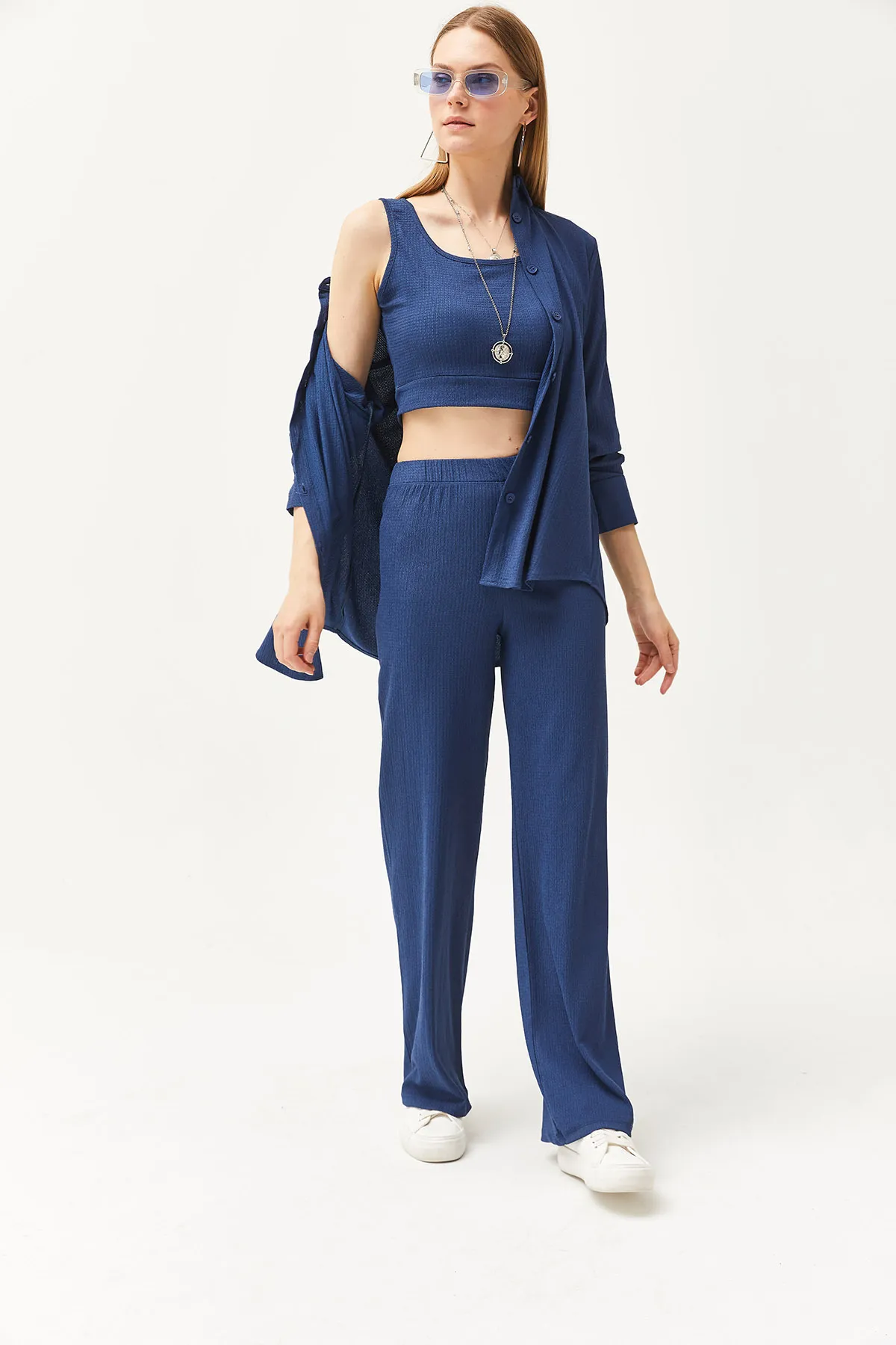 Olalook  Damen Indigo Hemdbluse Hose 3-teiliges Set TKM-19000270