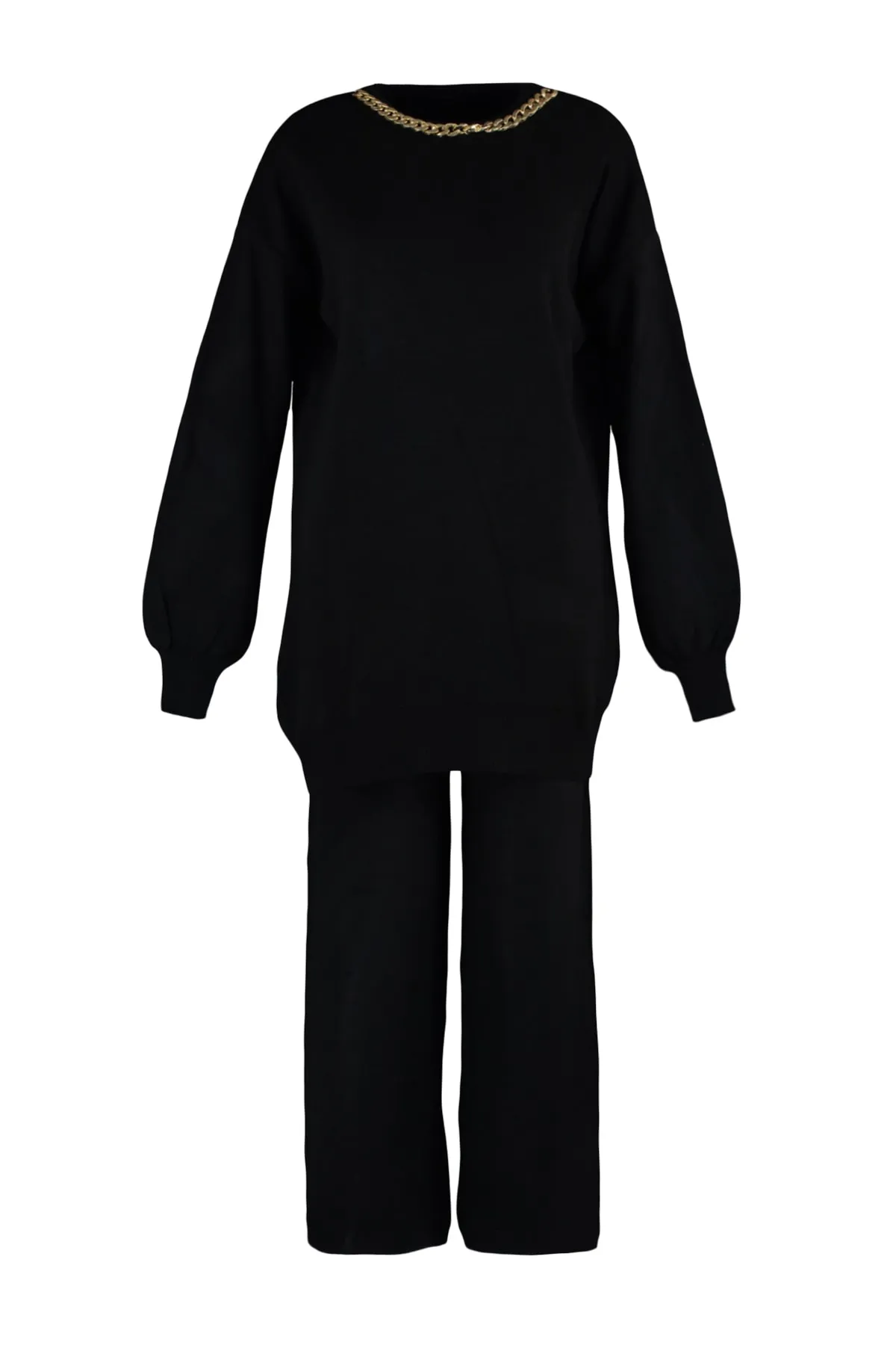 Trendyol Modest  Schwarzer Kragen Kettenhalskette Pullover-Hosen Strickanzug TCTAW23US00105
