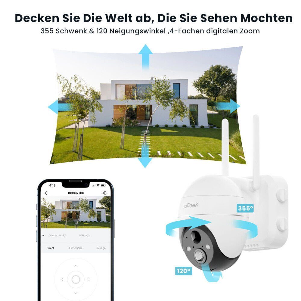 ieGeek 5MP 2K Überwachungskamera Aussen Akku, PTZ WLAN mit 32GB SD Karte Überwachungskamera (Außen, Aussen, Außenbereic, Innenbereich, 2.4GHZ WiFi WLAN mit Solarpanel,4DBi WLAN-Antenne,Alexa Kamera, PIR-Bewegungsmelder, 30M Farbige Nachtsicht, Zwei-W
