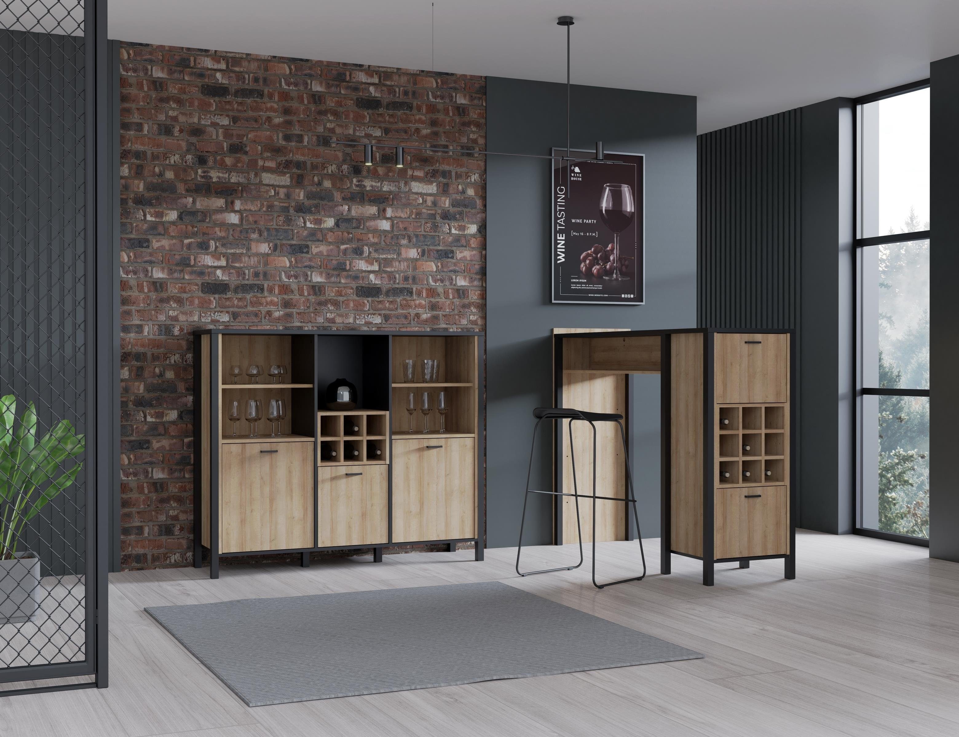möbelando Barschrank Hialeah Barschrank im Industrial-Design aus Spanplatte in Riviera Eiche Nachbildung, Gestell in Schwarz mit 3 Holztüren, 4 Einlegeböden, 6 Flaschenfächern und 5 offenen Fächern. Breite 139,4 cm, Höhe 117,1 cm, Tiefe 40,2 cm