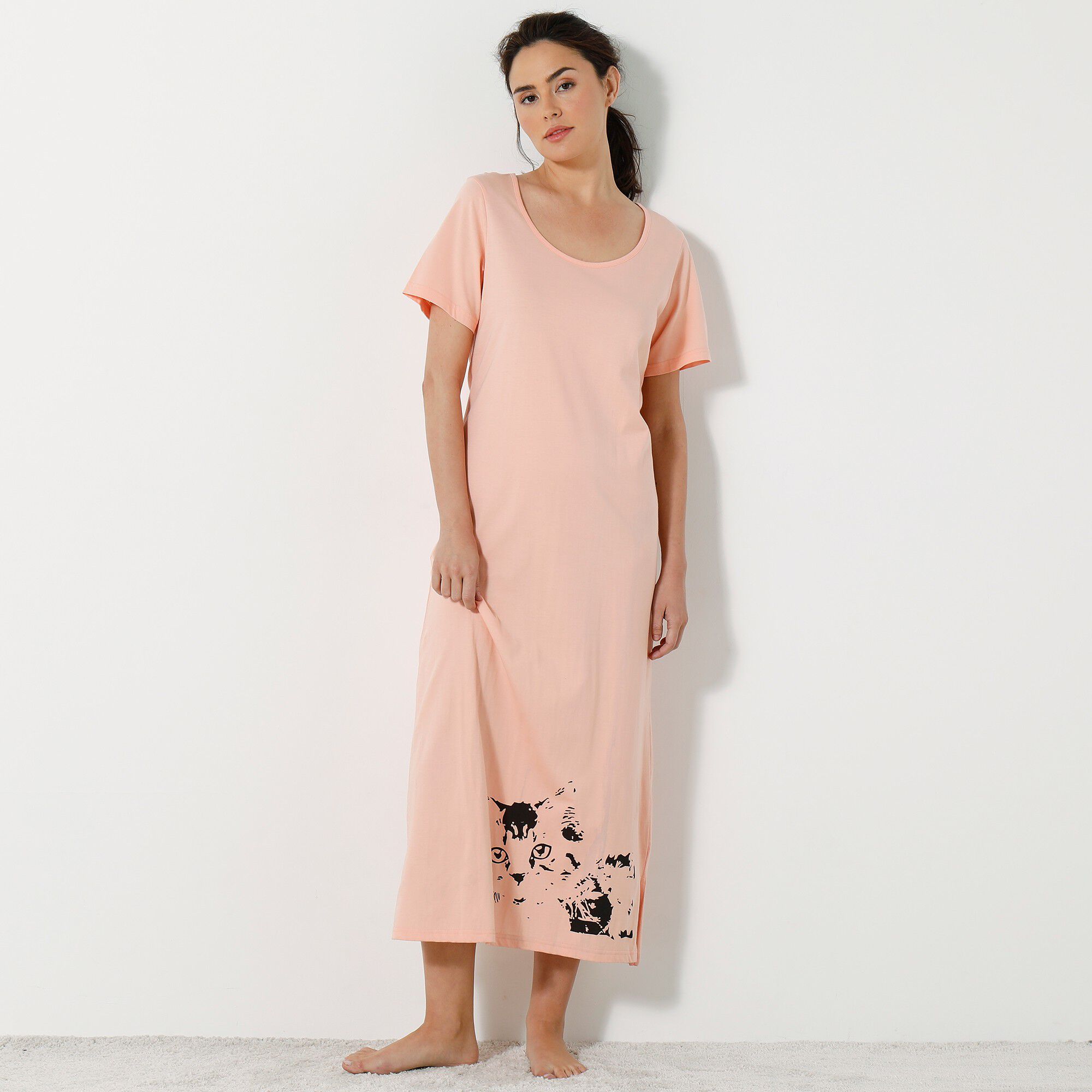 Chemise de nuit longue imprimé chat