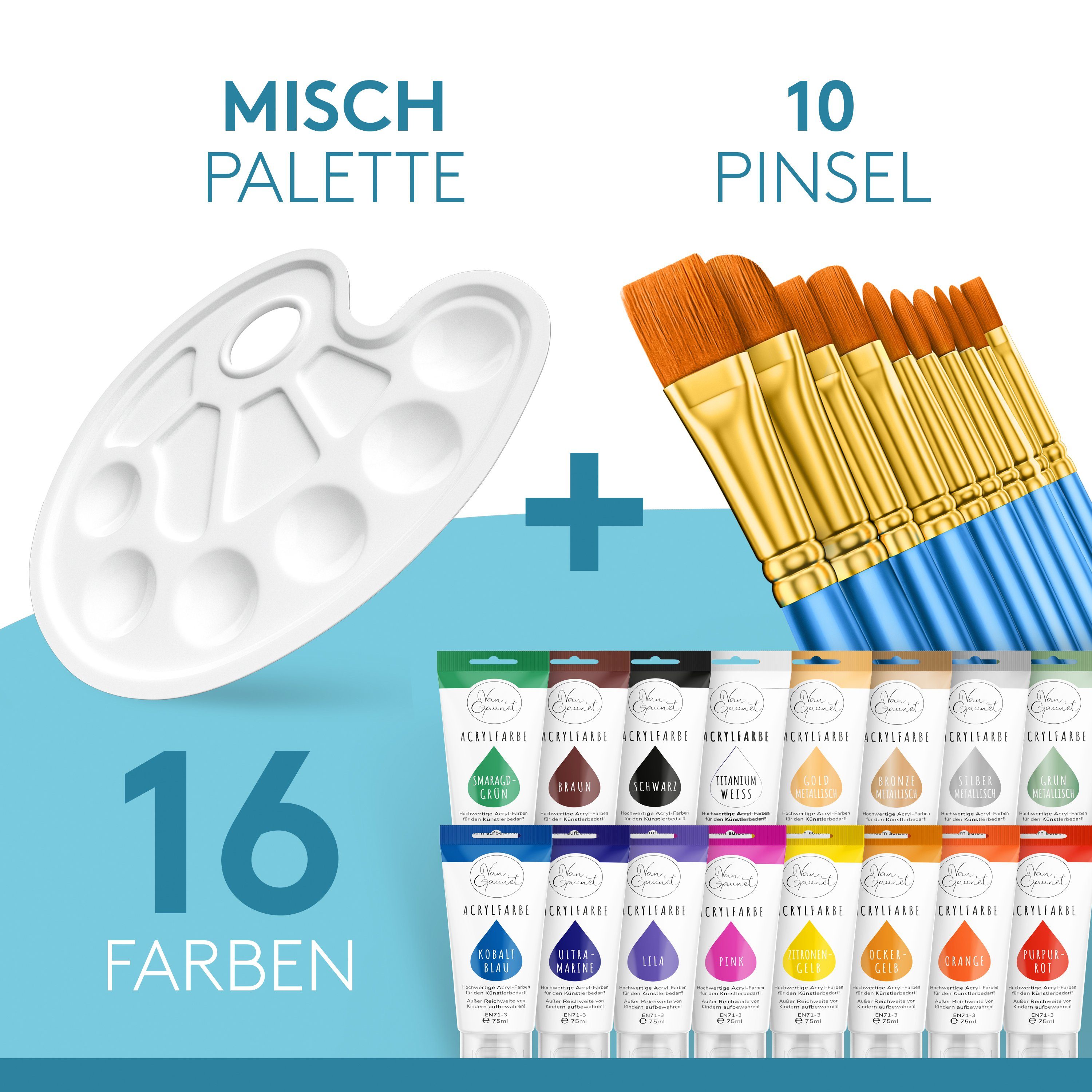 Van Gaunet Künstlerstift Van Gaunet Acrylfarben Set – 16 Acryl Farben 75ml Pigment & 10 Pinsel