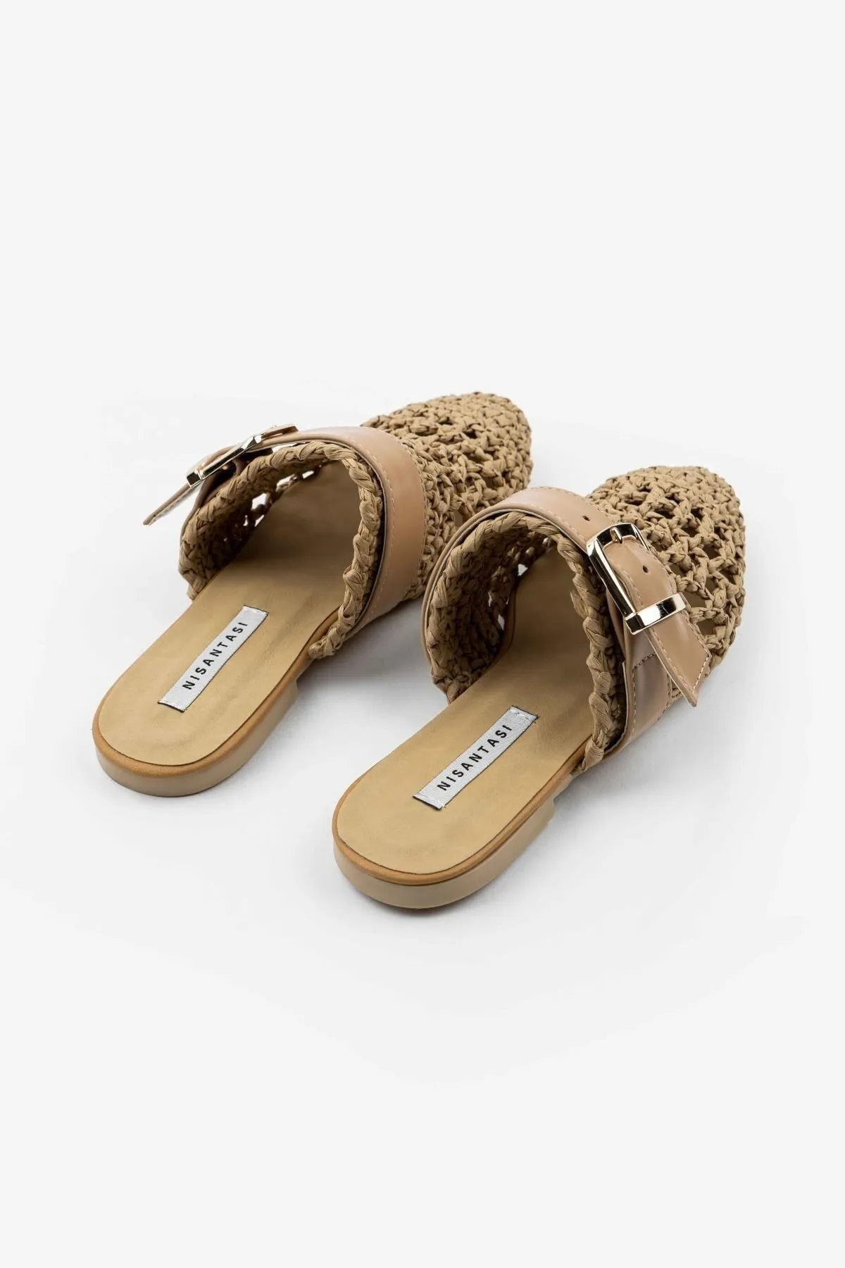 NİŞANTAŞI SHOES  Beste braune gestrickte Damenhausschuhe mit Gürteldetail und flacher Sohle