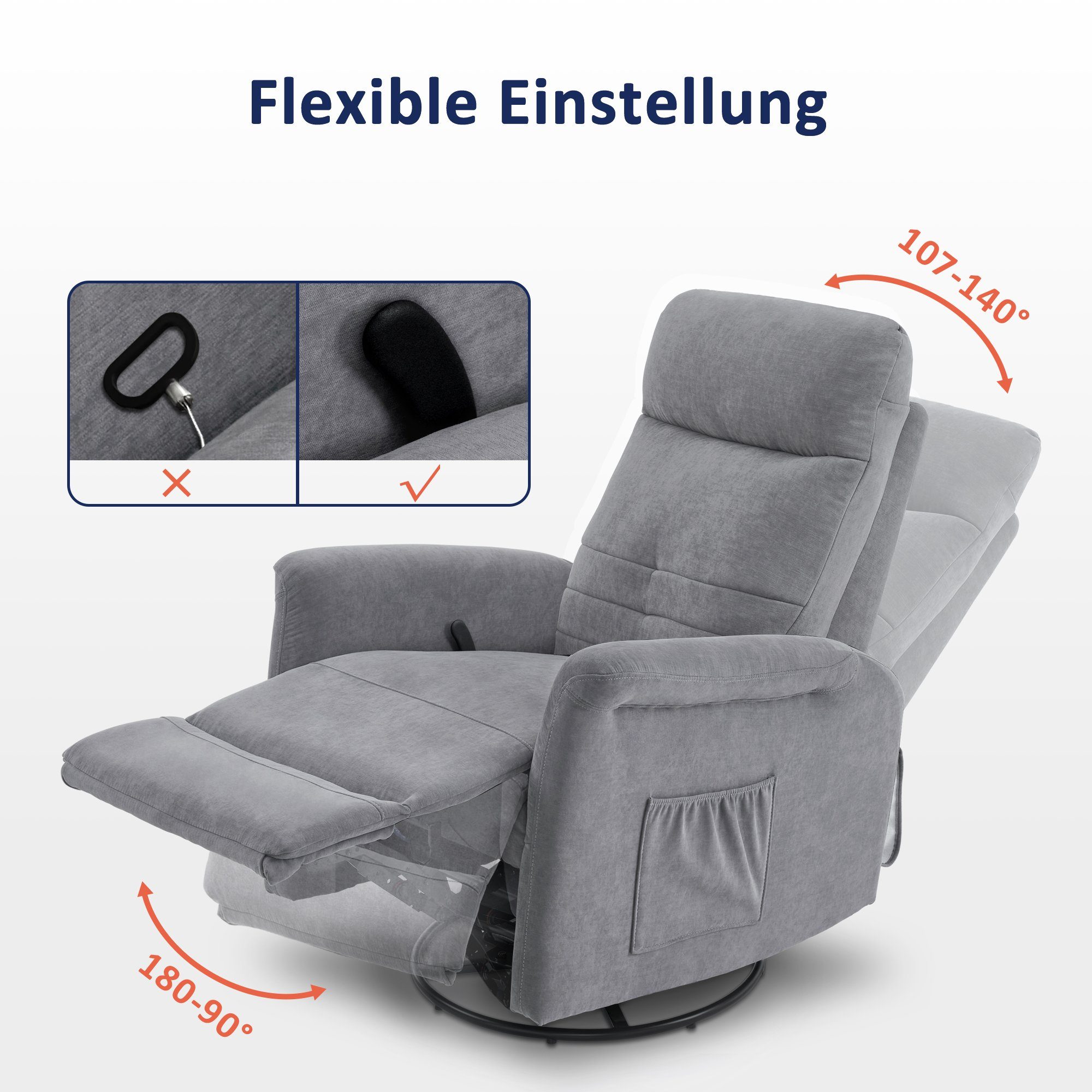 MCombo Relaxsessel M MCombo Relaxsessel Fernsehsessel mit Dreh- und Schwenkfunktion 7011, 360° Drehbar, mit Liegefunktion, Manuell