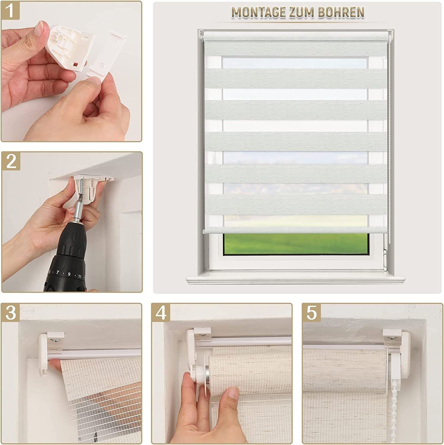 Doppelrollo Zebra-Jalousien Doppelrollo Klemmfix ohne Bohren Fenster Rollo Grau, Gotagee, Klemmfix