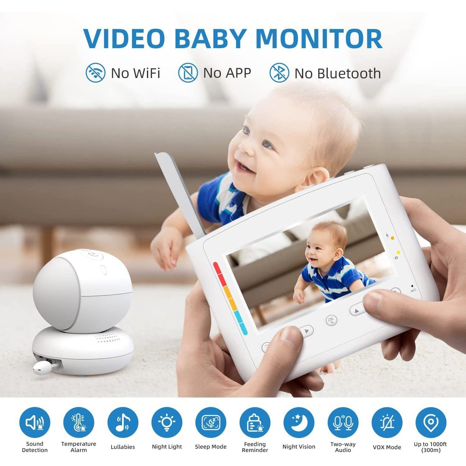Mutoy Video-Babyphone Babyphone mit Kamera, 4,3-Zoll-LCD-Bildschirm, Ferngesteuerter Pan-Tilt-Zoom, Nachtlicht, Infrarot-Nachtsicht, Temperaturanzeige, Schlaflieder, Zwei-Wege-Audio, Gegensprechfunktion und Smart ECO-Modus