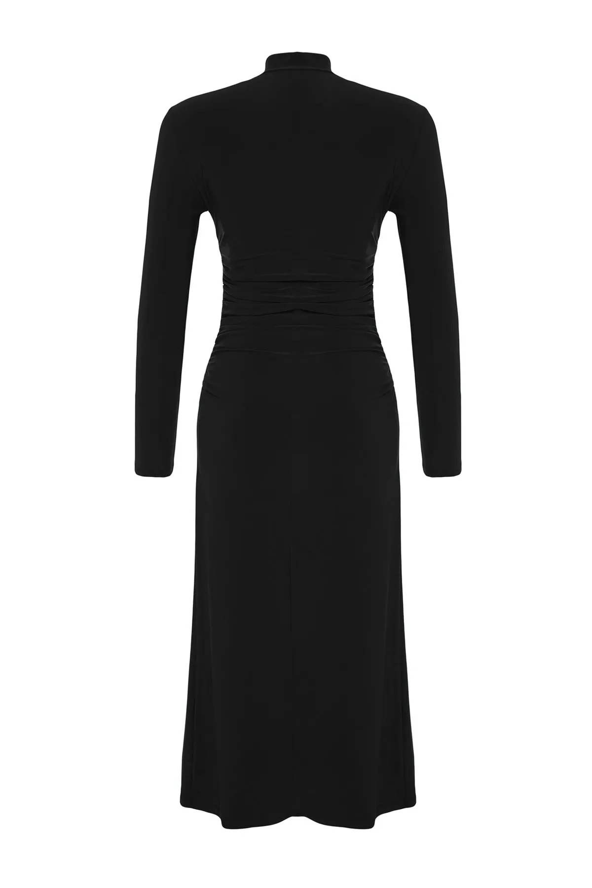 Trendyol Collection  Schwarzes, drapiertes, detailliertes, flexibles Midi-Strickkleid in A-Linie mit hohem Kragen TWOAW24EL00133