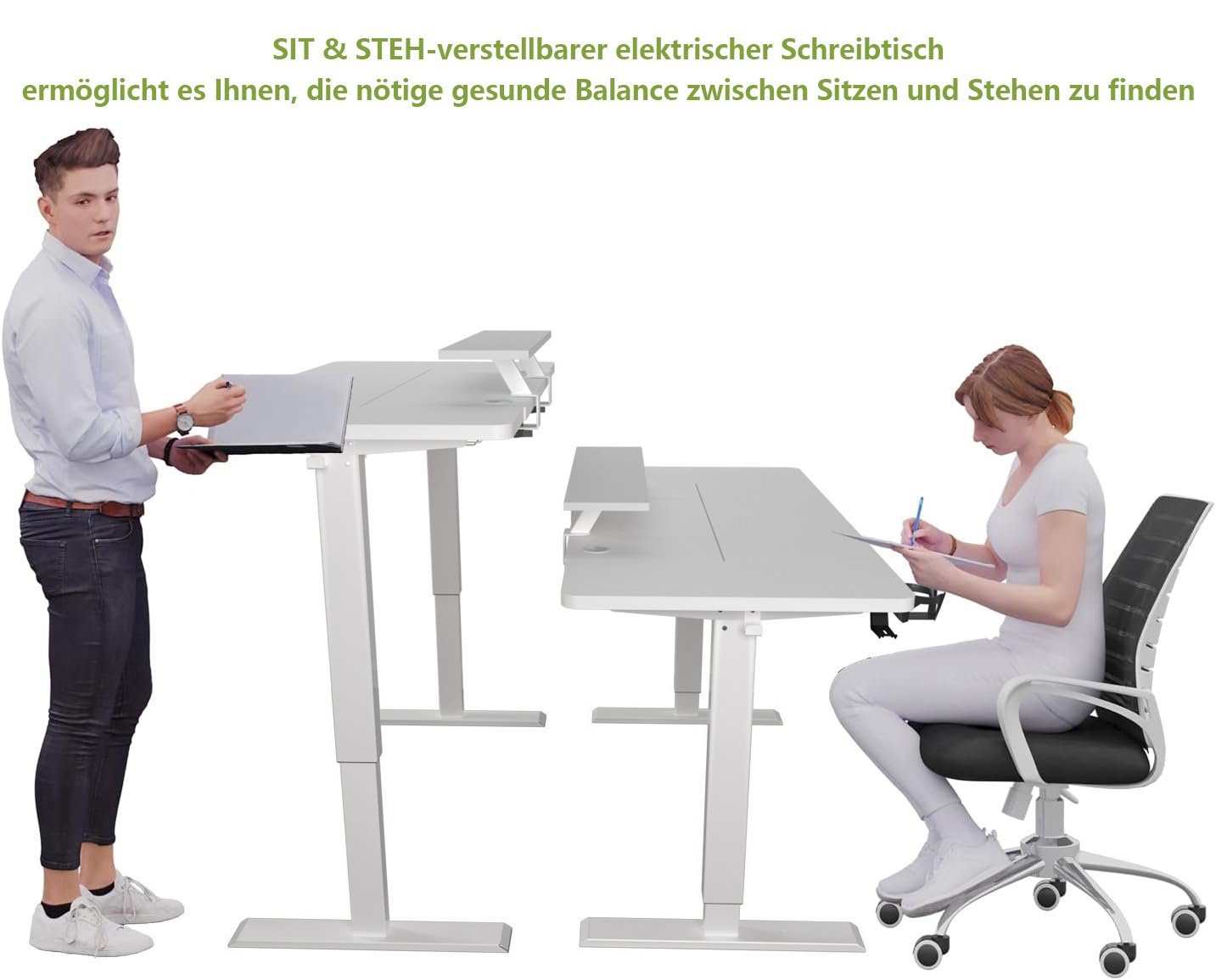 Radlove Schreibtisch Höhenverstellbarer Schreibtisch mit Schubladen (140x76 cm, 4-Memory Steuerung, Rollen, Getränkehalter, Drahtkorb, Schubladen), Schreibtisch Höhenverstellbar Elektrisch mit Monitorständer