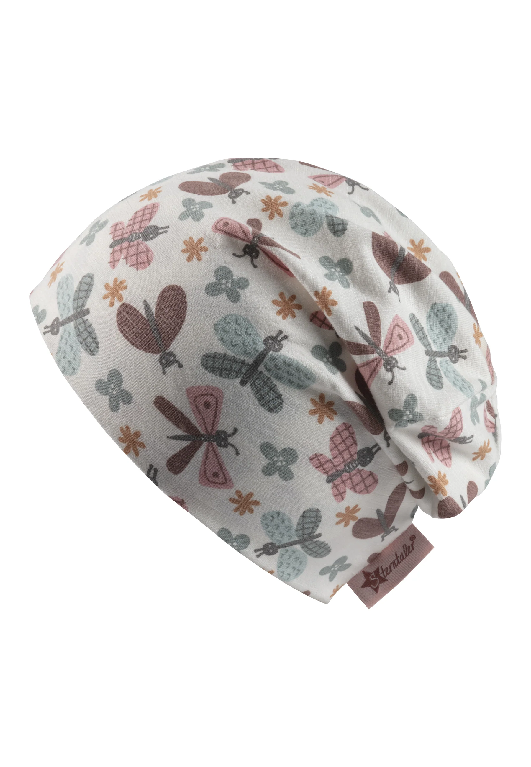 Beanie bedruckt mit bunten Schmetterlingen in ecru