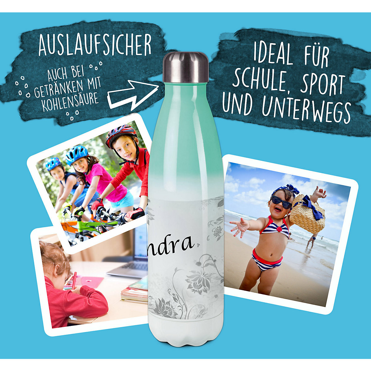 Edelstahl Kinder Thermoflasche / Trinkflasche bunt Blumenranke Farbe grau Spülmaschinenfest, Auslaufsicher, Bruchfest, Doppelwandig, Für Heißgetränke geeignet, Mit Deckel, Isoliert