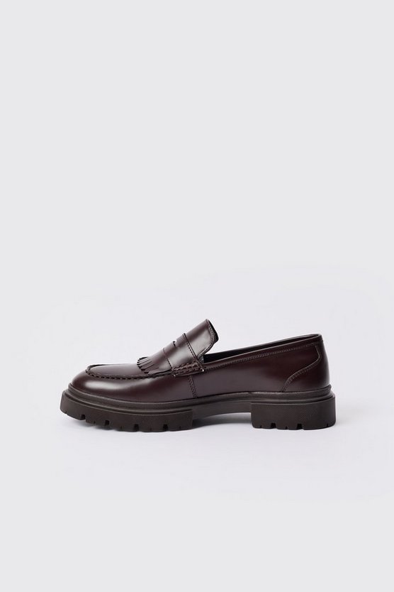 Braune PU-Loafer mit klobiger Sohle und Fransen