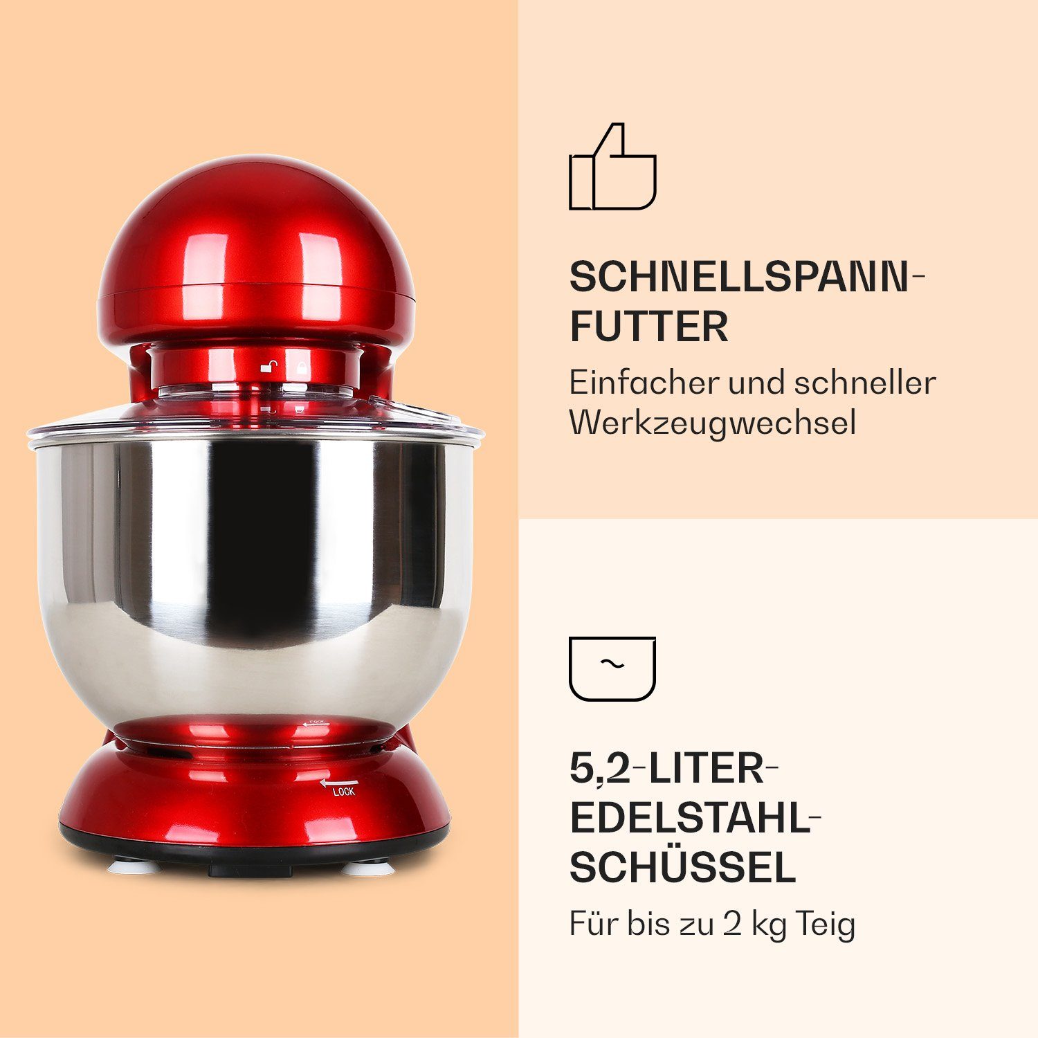 Klarstein Küchenmaschine mit Kochfunktion Bella, 2000 W, 5.2 l Schüssel, Knetmaschine Teigmaschine Teigknetmaschine Rührmaschine Standmixer