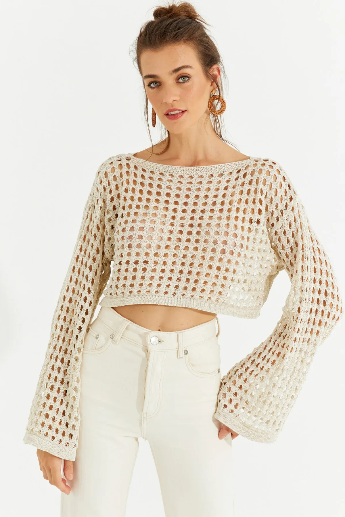 Cool & Sexy  Ecrufarbene, durchbrochene, glitzernde Strick-Kurzbluse für Damen YV141