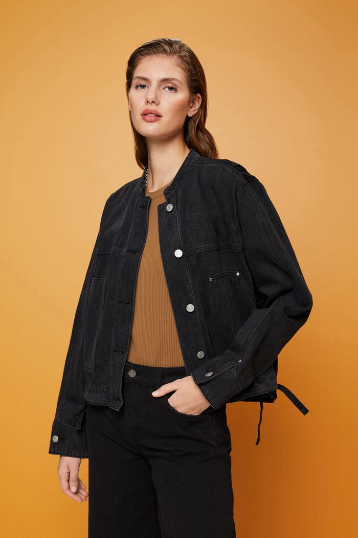 Kragenlose Jeansjacke mit Kordelzug
