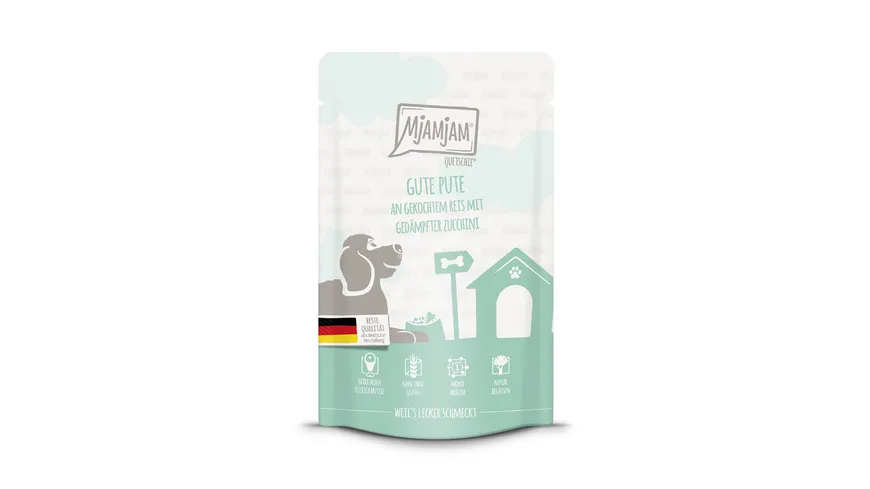 MjAMjAM Hundenassfutter Quetschie gute Pute an gekochtem Reis mit gedämpfter Zucchini 125 g
