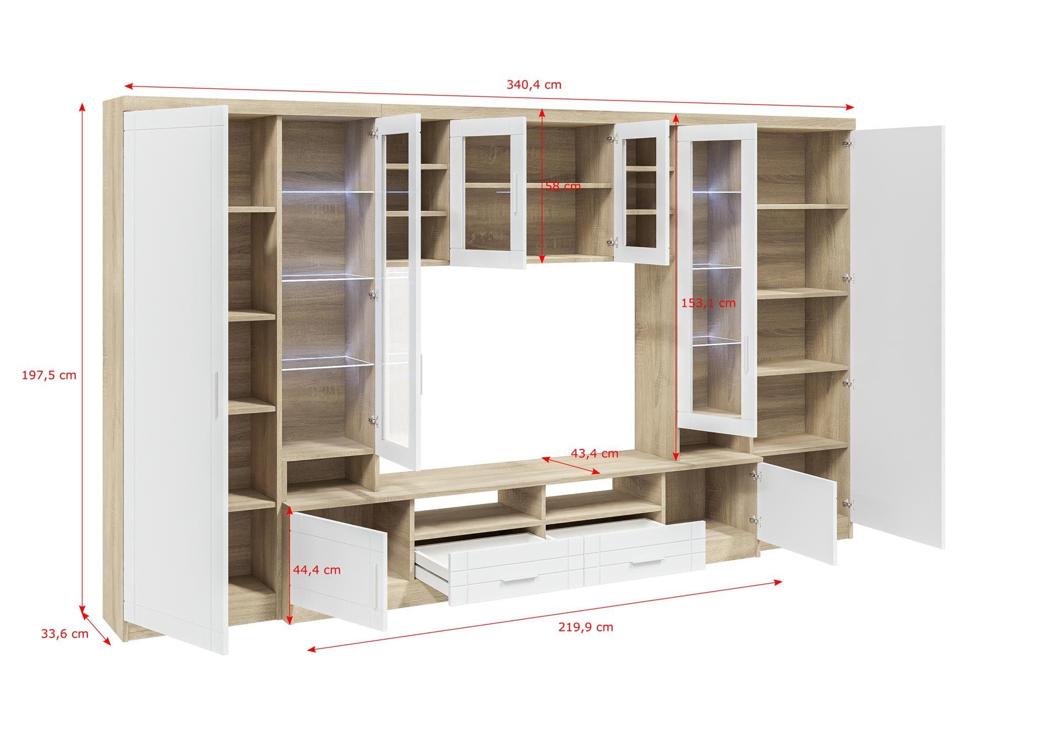Furnix Wohnwand PALLOMA Schrankwand multifunktionell, 2 Hochschränke, TV-Schrank, Hängeschrank, B340 x H198 x T44 cm