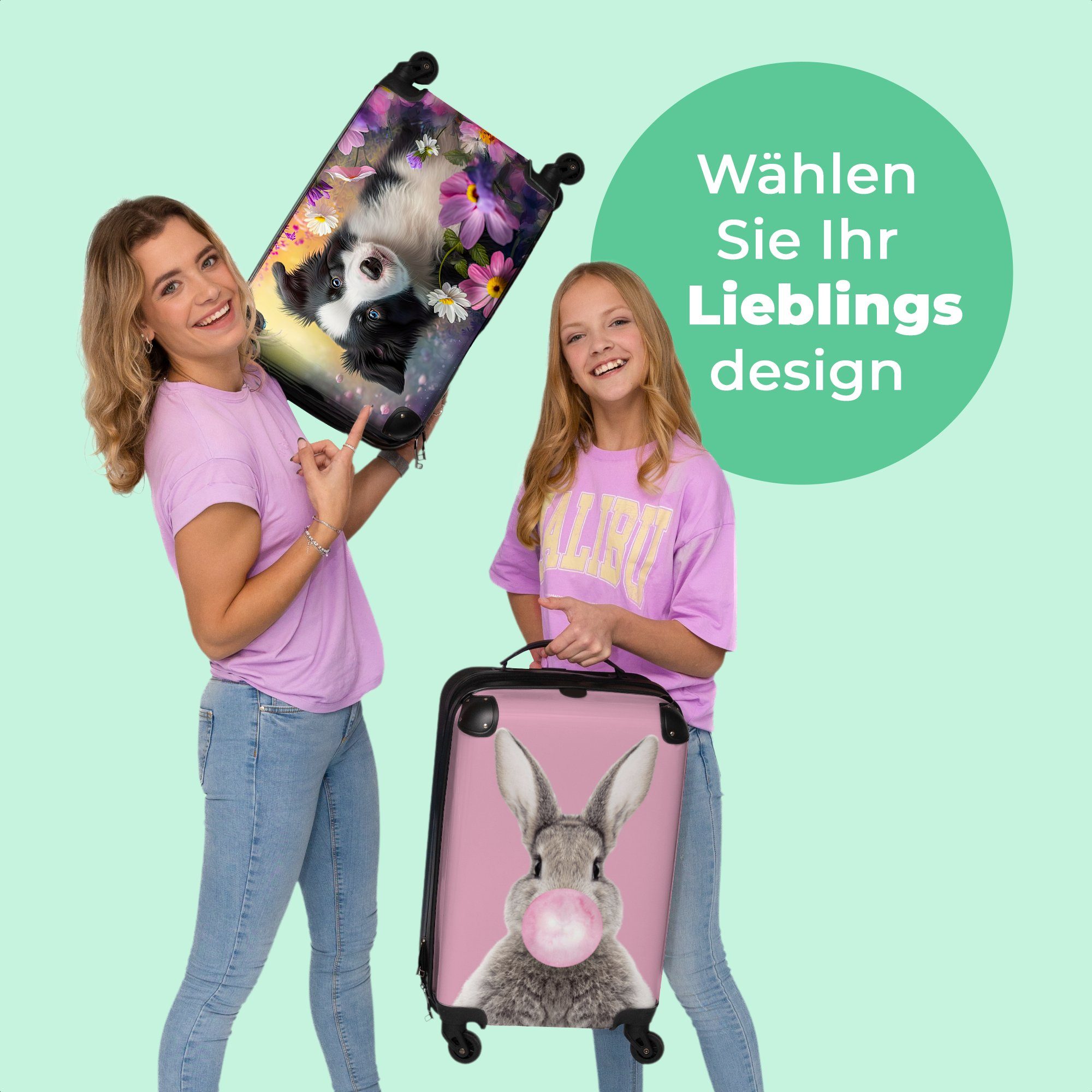 NoBoringSuitcases.com© Handgepäckkoffer 55x35x20cm Hund - Blumen - Natur - Welpe - Border Collie, 4 Rollen, Handgepäck Trolley Rollkoffer Kleine Reisekoffer mit 4 Rollen - Cabin