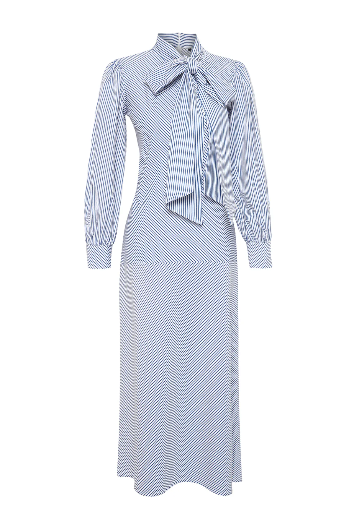 Trendyol Modest  Marineblaues gestreiftes Baumwollkleid mit Schleifendetail und Schleife TCTSS24EB00071