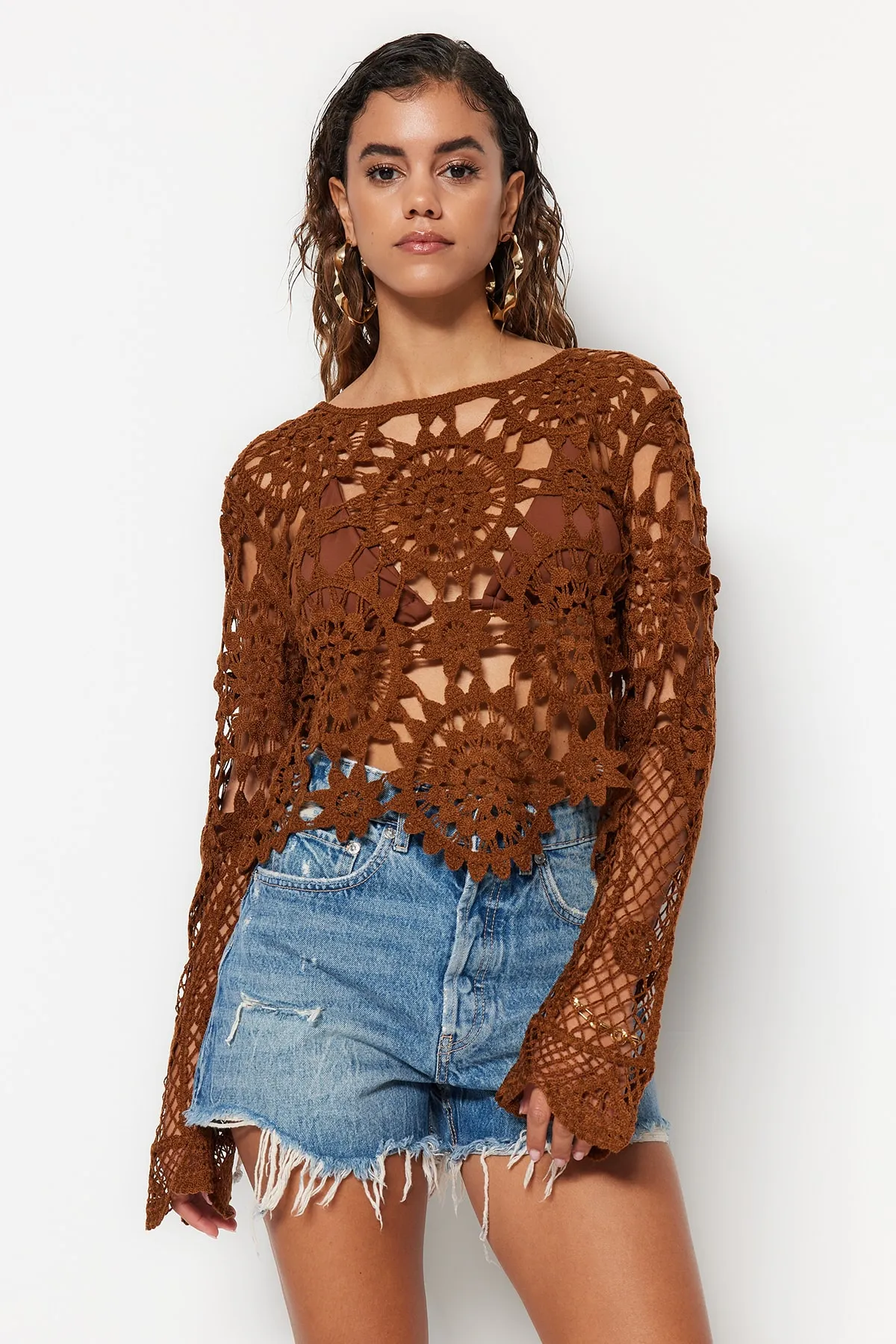 Trendyol Collection  Braune Strick-Häkelbluse TBESS20BZ0572