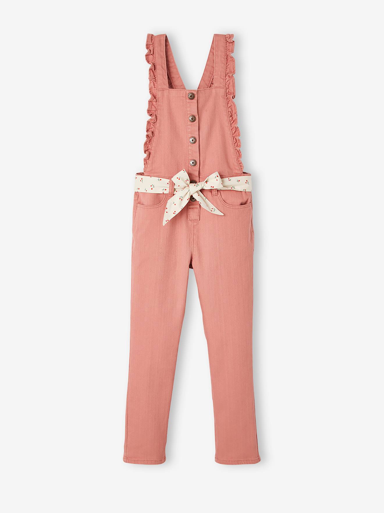 Salopette volantée fille ceinture imprimée cerises bois de rose