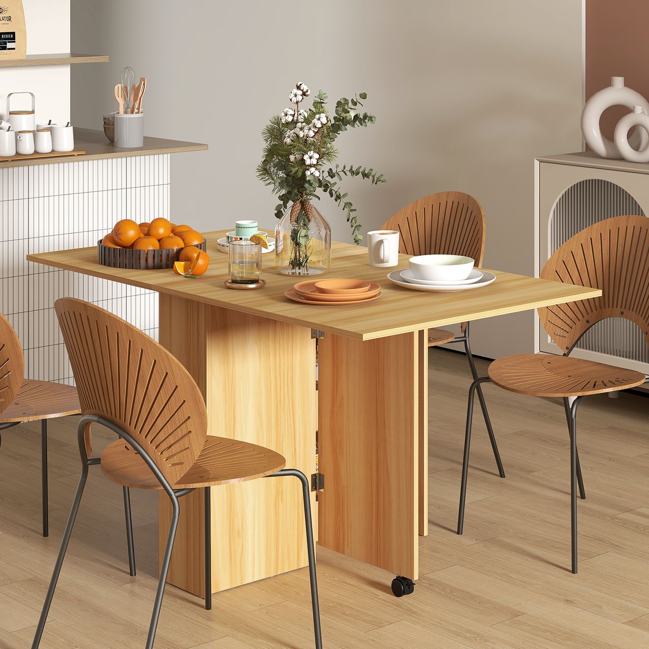 HOMCOM Klapptisch Esszimmertisch mit Rollen mobiler Tisch Ablagefläche Teak